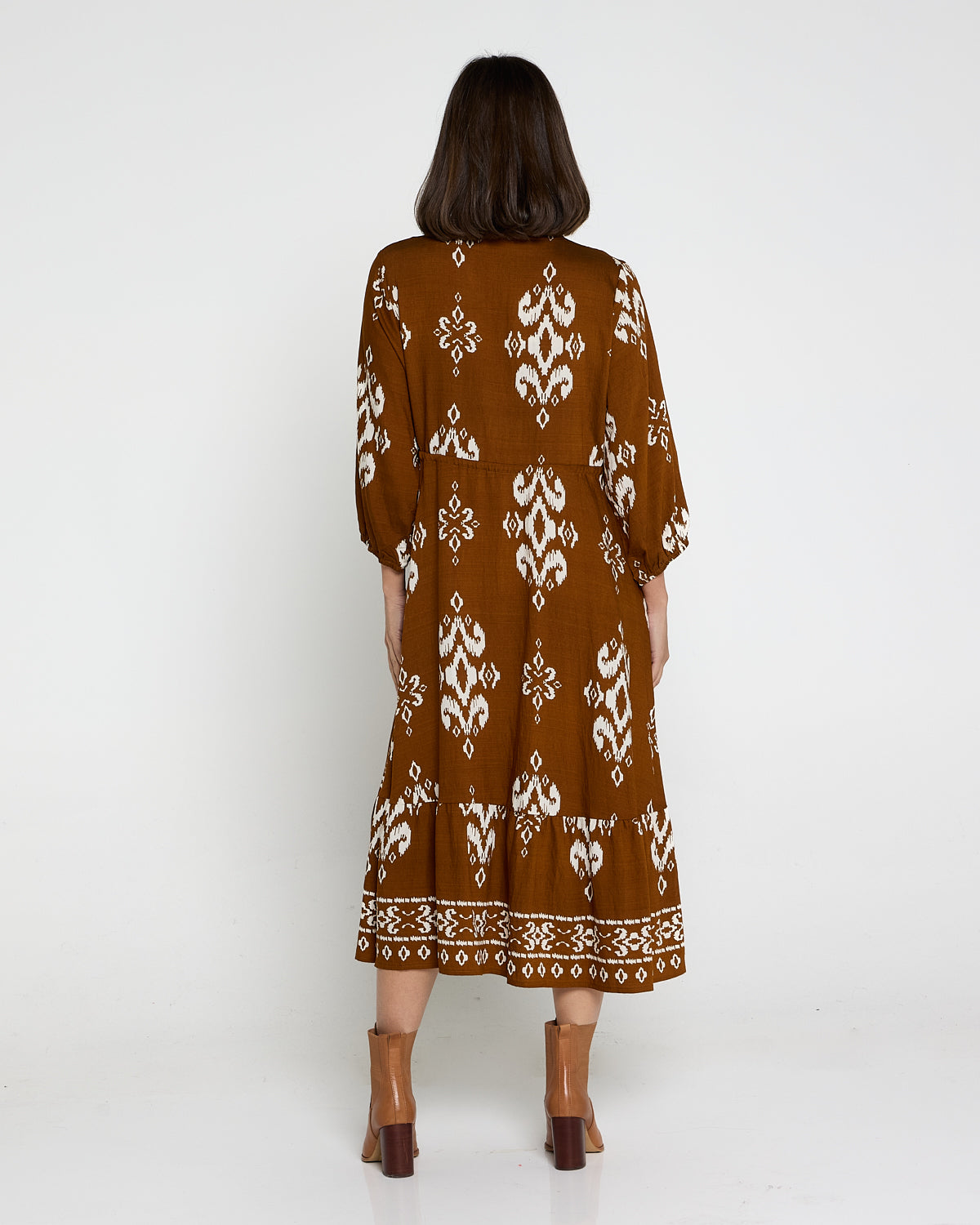 Women's Rosalie printed tiered midi dress in Brown