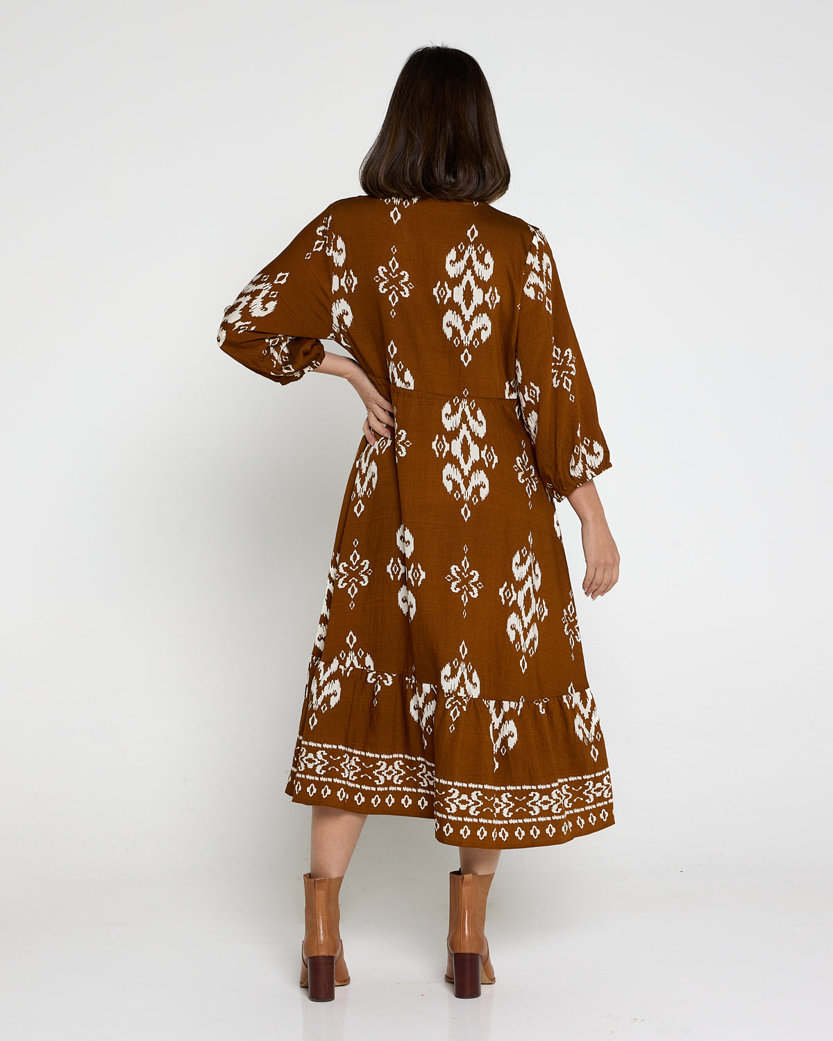 Women's Rosalie printed tiered midi dress in Brown