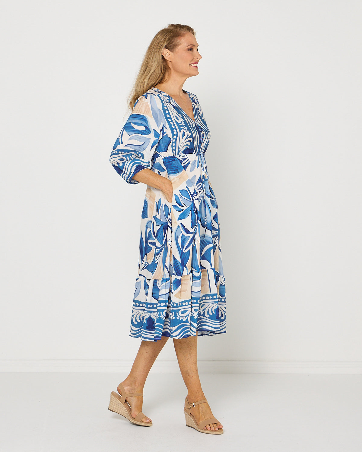 Women's Rosalie printed tiered midi dress in Blue
