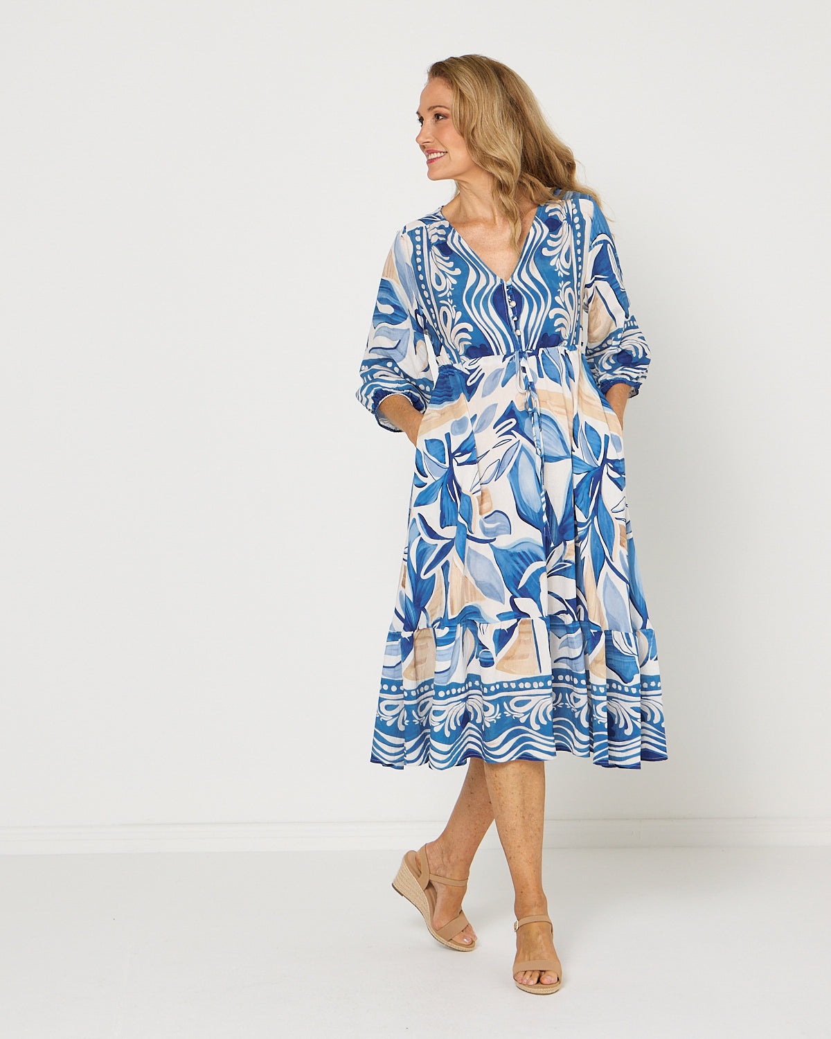 Women's Rosalie printed tiered midi dress in Blue
