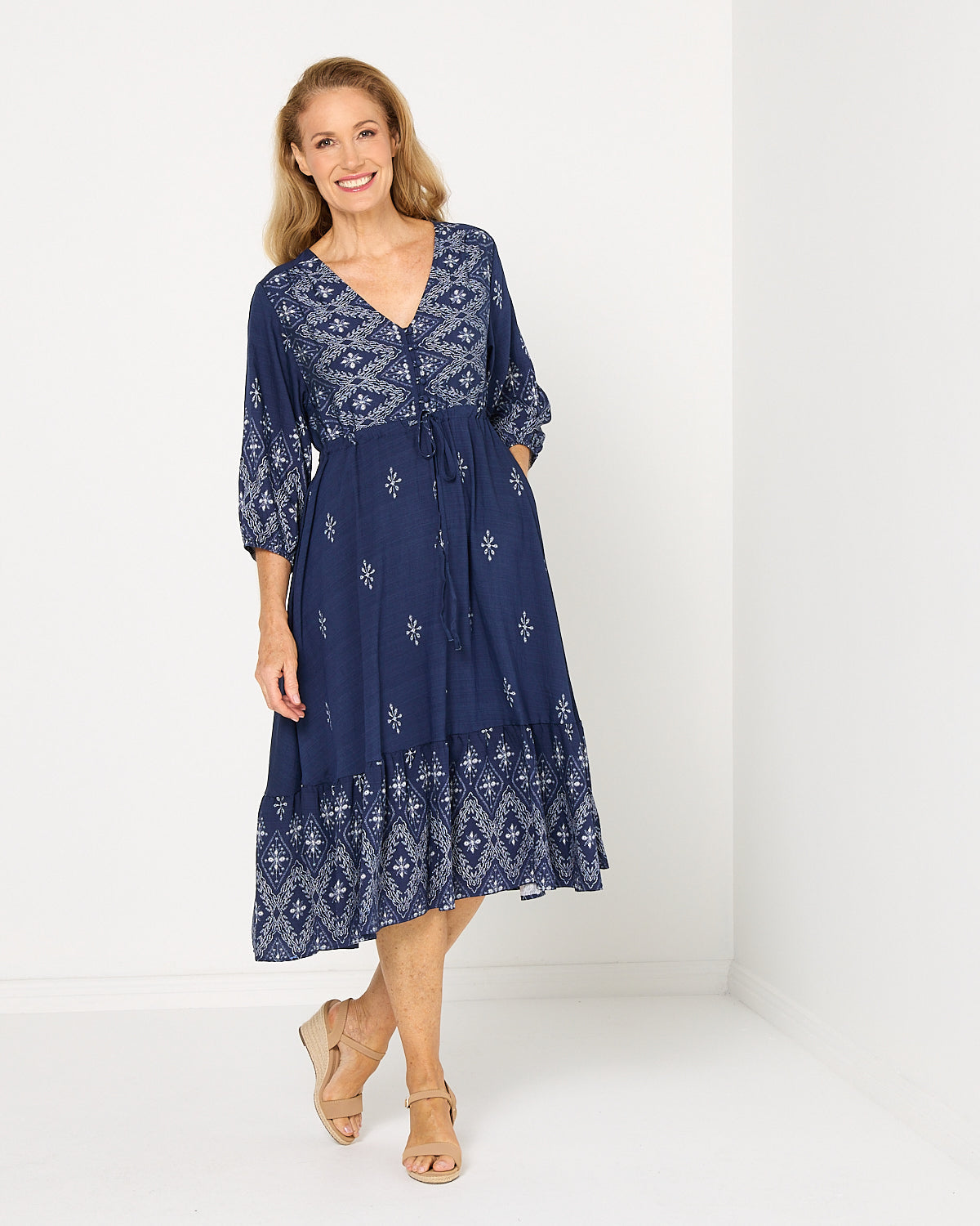 Women's Rosalie printed tiered midi dress in Navy