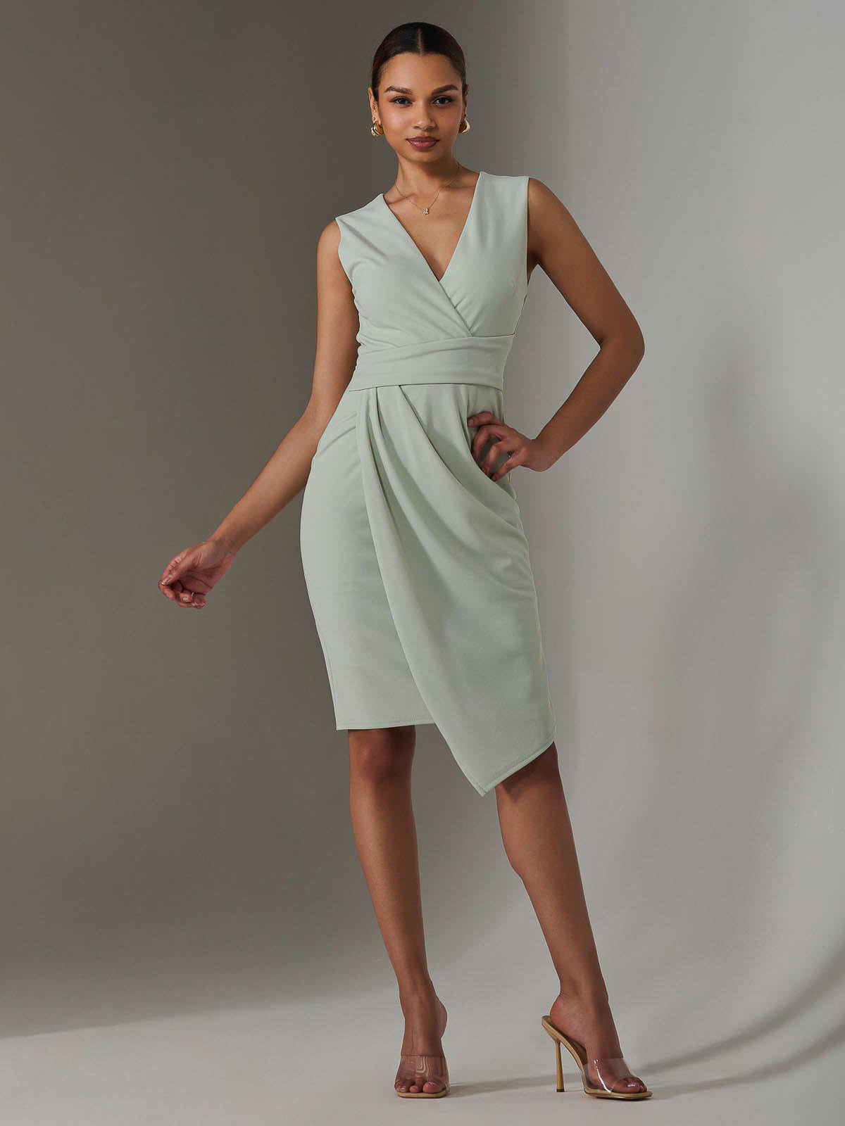 Sleeveless Wrap Front Midi Dress Full Length View