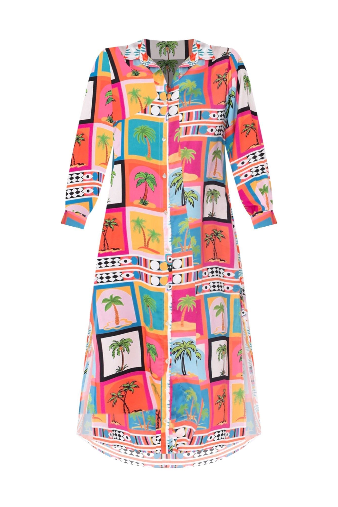 Shayli Pink Tropical Shirt Dress Front View