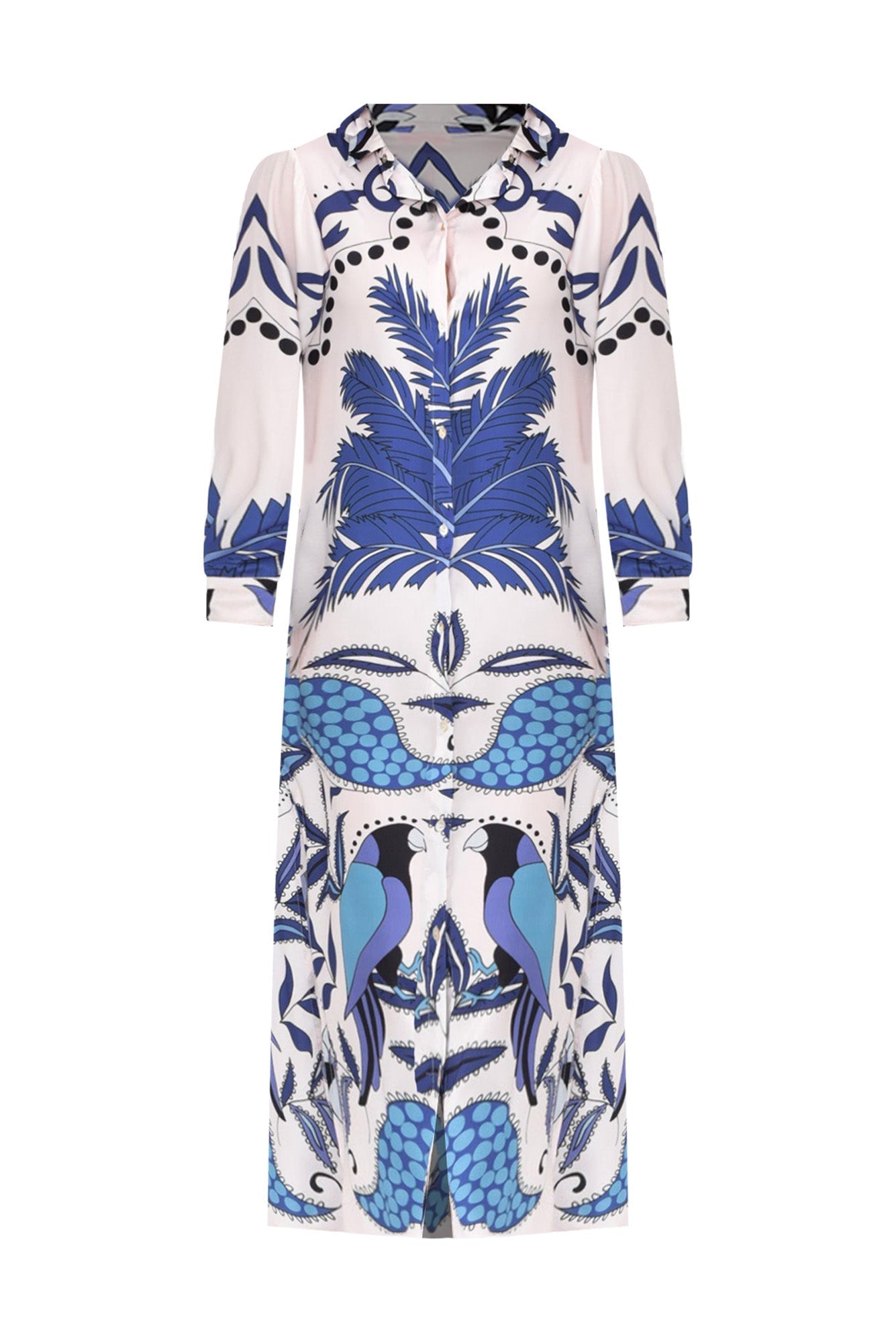 Shayli Blue Tropical Shirt Dress Front View