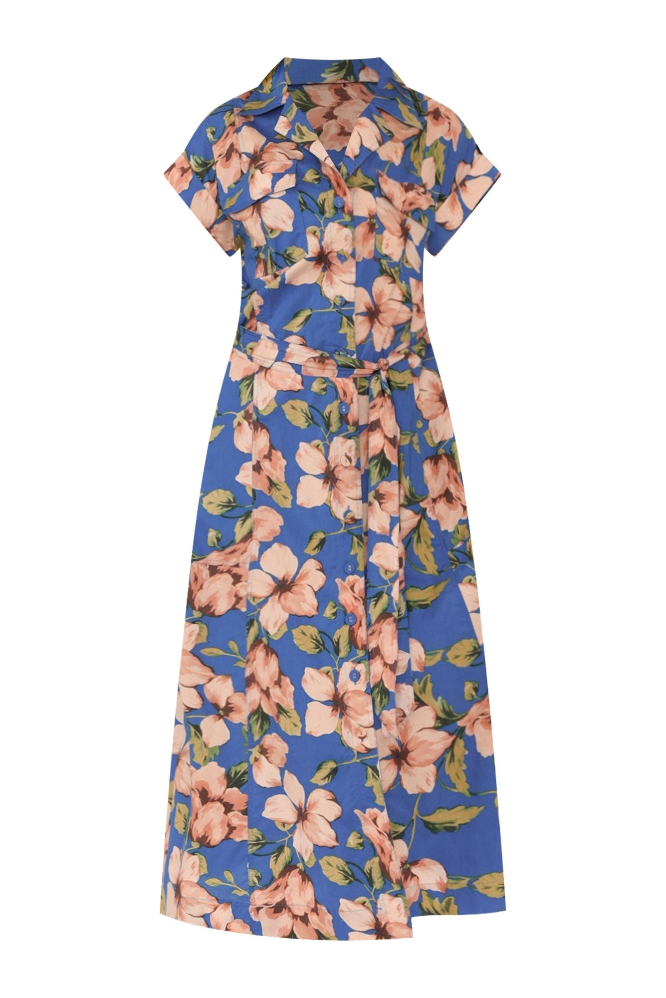 Porto Blue Floral Cotton Tie Dress Front View