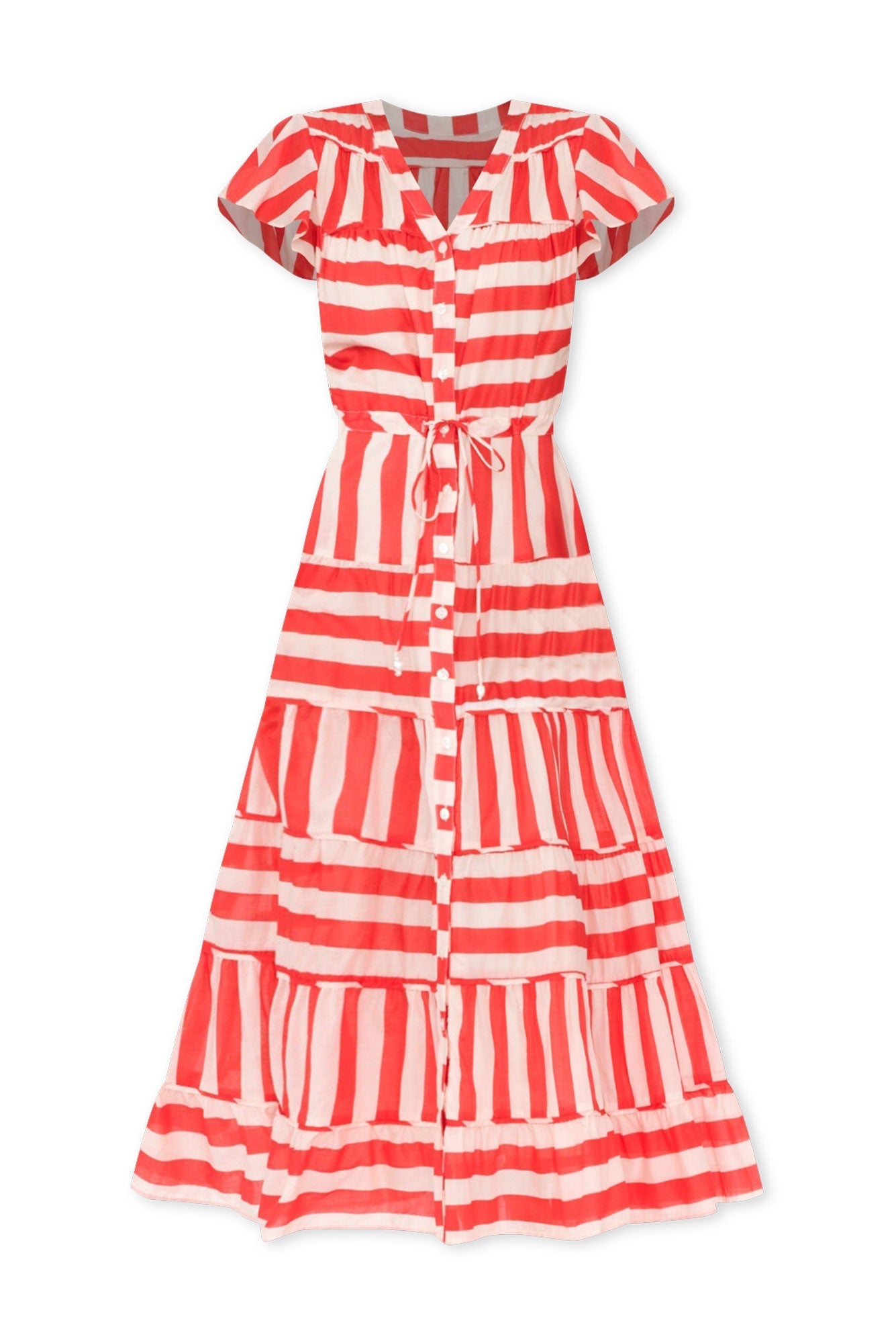 Delilah Red Stripe Cotton Tiered Dress Front View