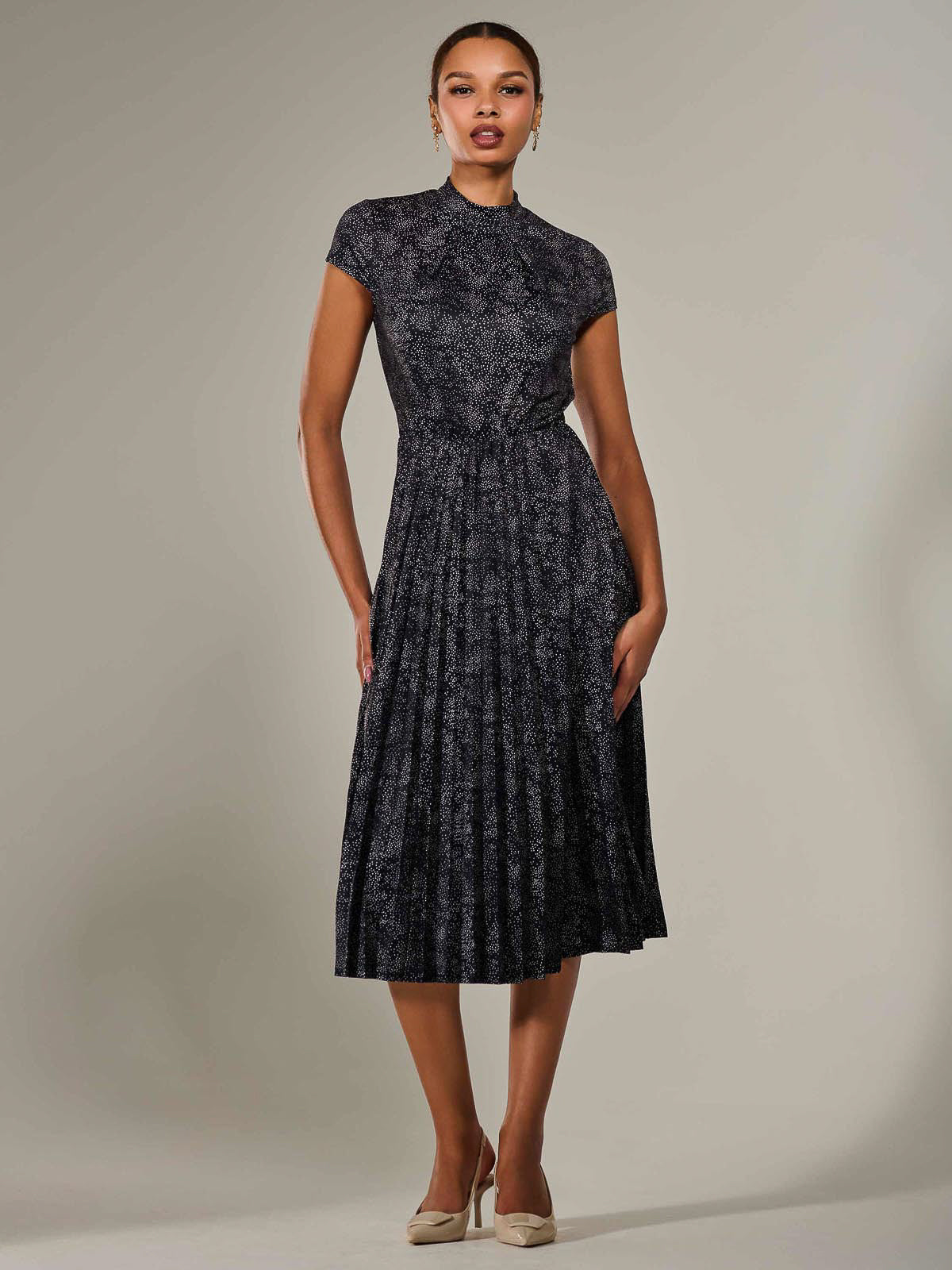 Jersey Capped Sleeve Pleated Midi Dress Front View