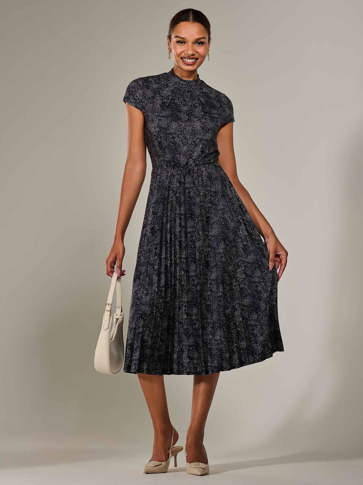 Jersey Capped Sleeve Pleated Midi Dress Styled View