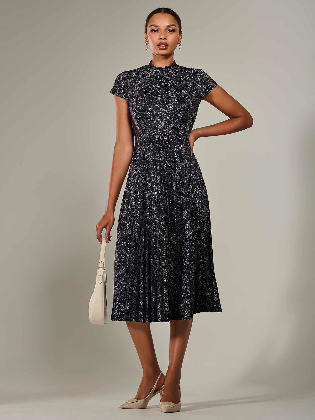 Jersey Capped Sleeve Pleated Midi Dress Front View 2