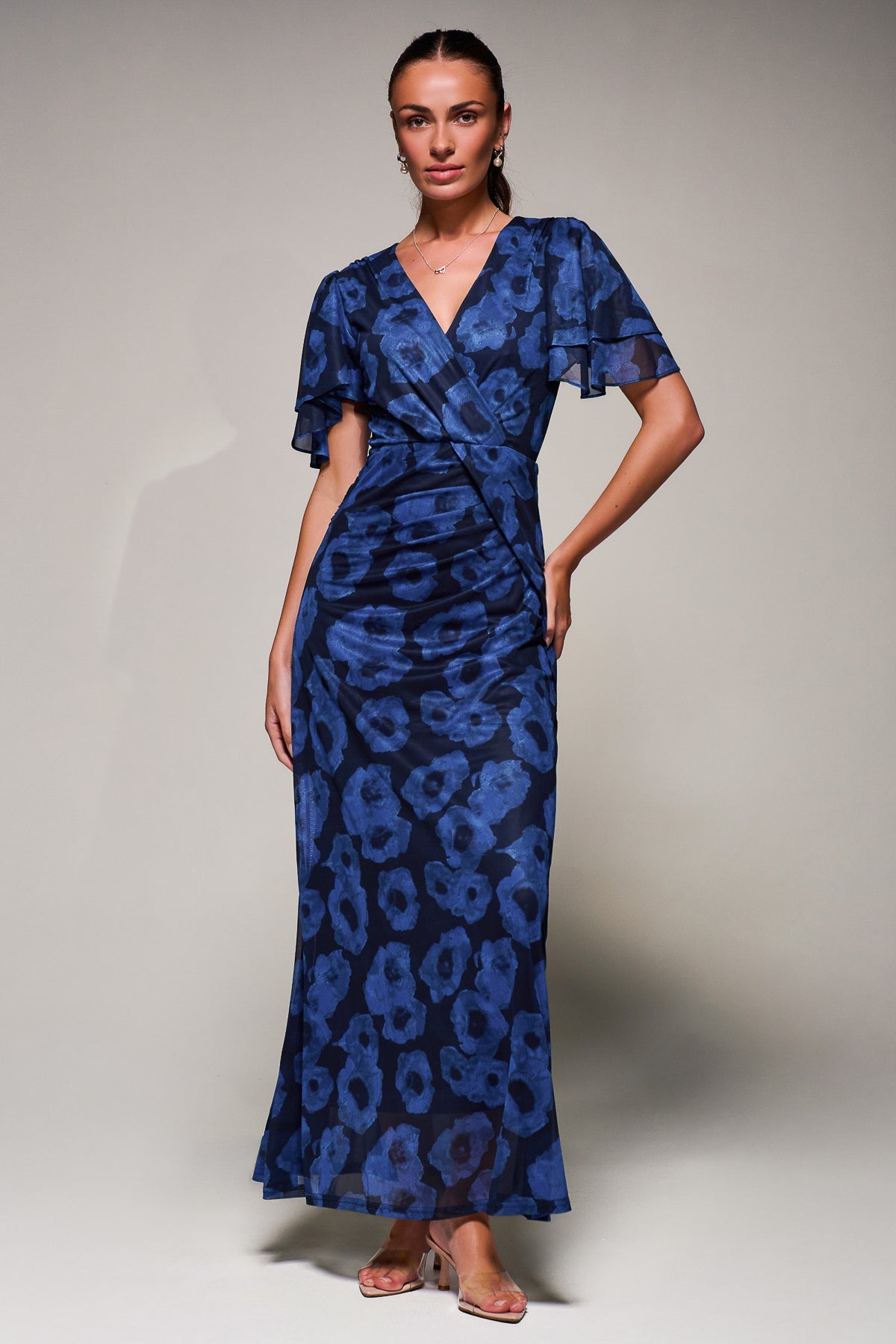 Angel Sleeve Draped Mesh Maxi Dress Blue Abstract Front View