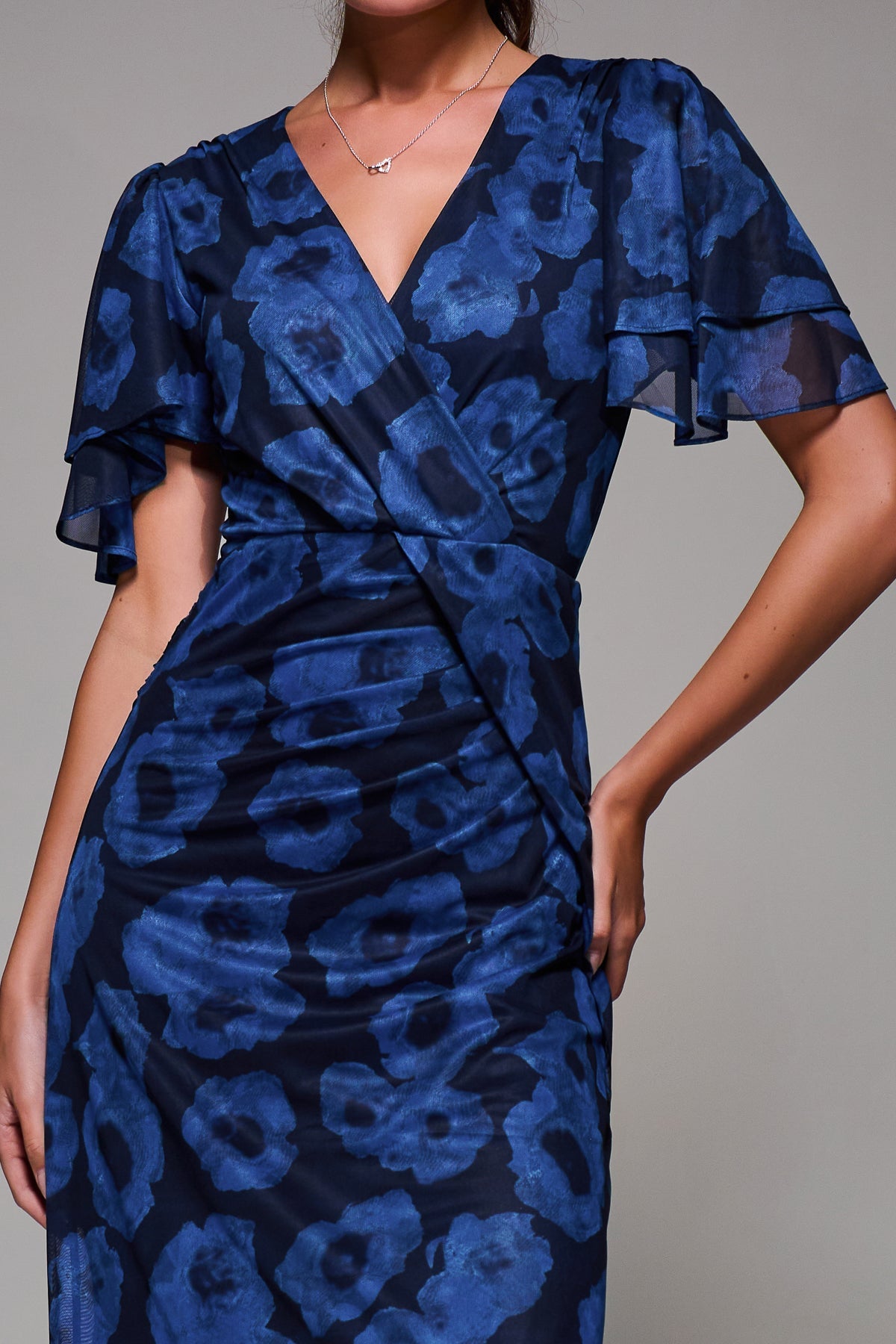 Angel Sleeve Draped Mesh Maxi Dress Blue Abstract Side View