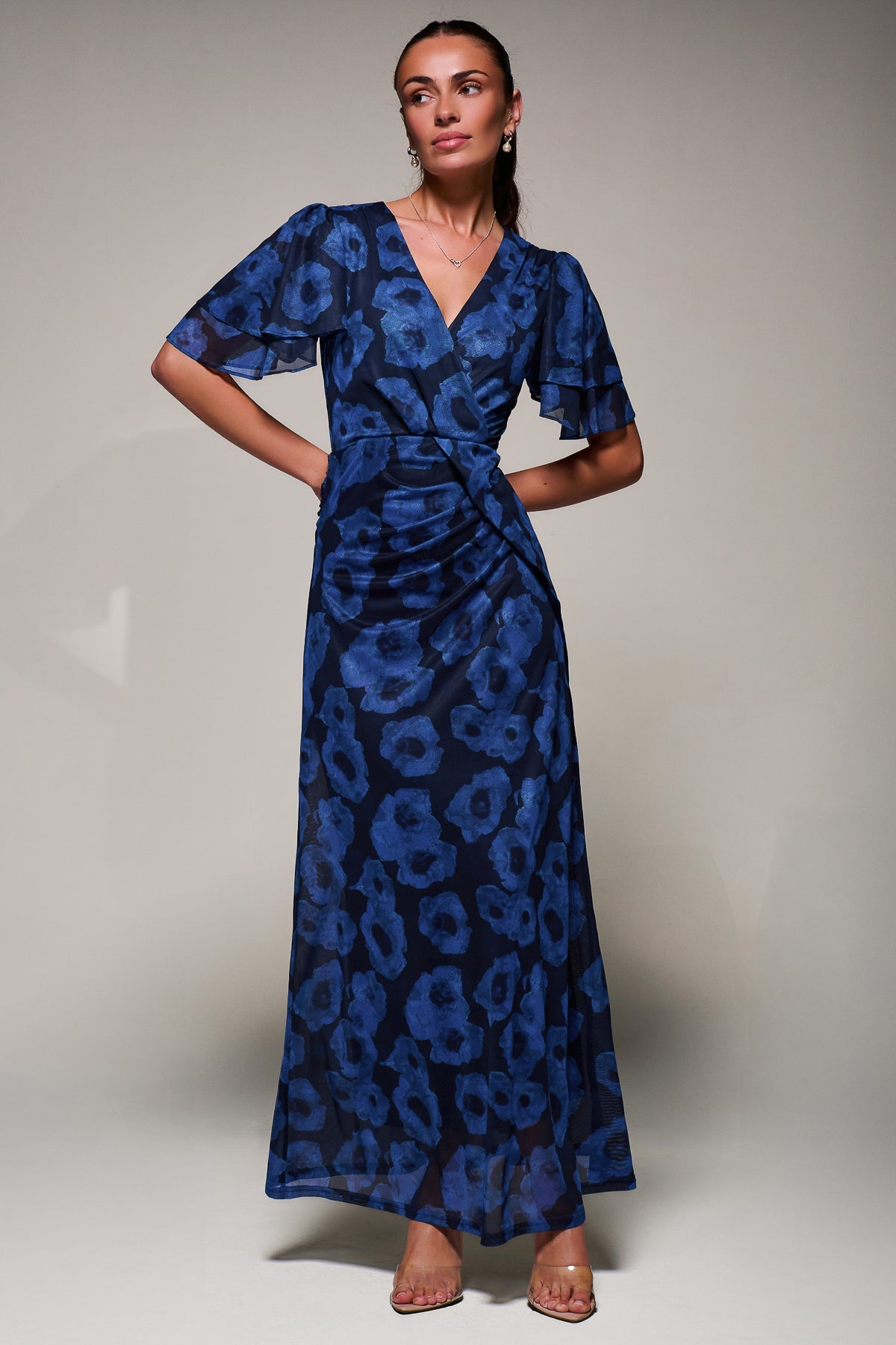 Angel Sleeve Draped Mesh Maxi Dress Blue Abstract Styled View