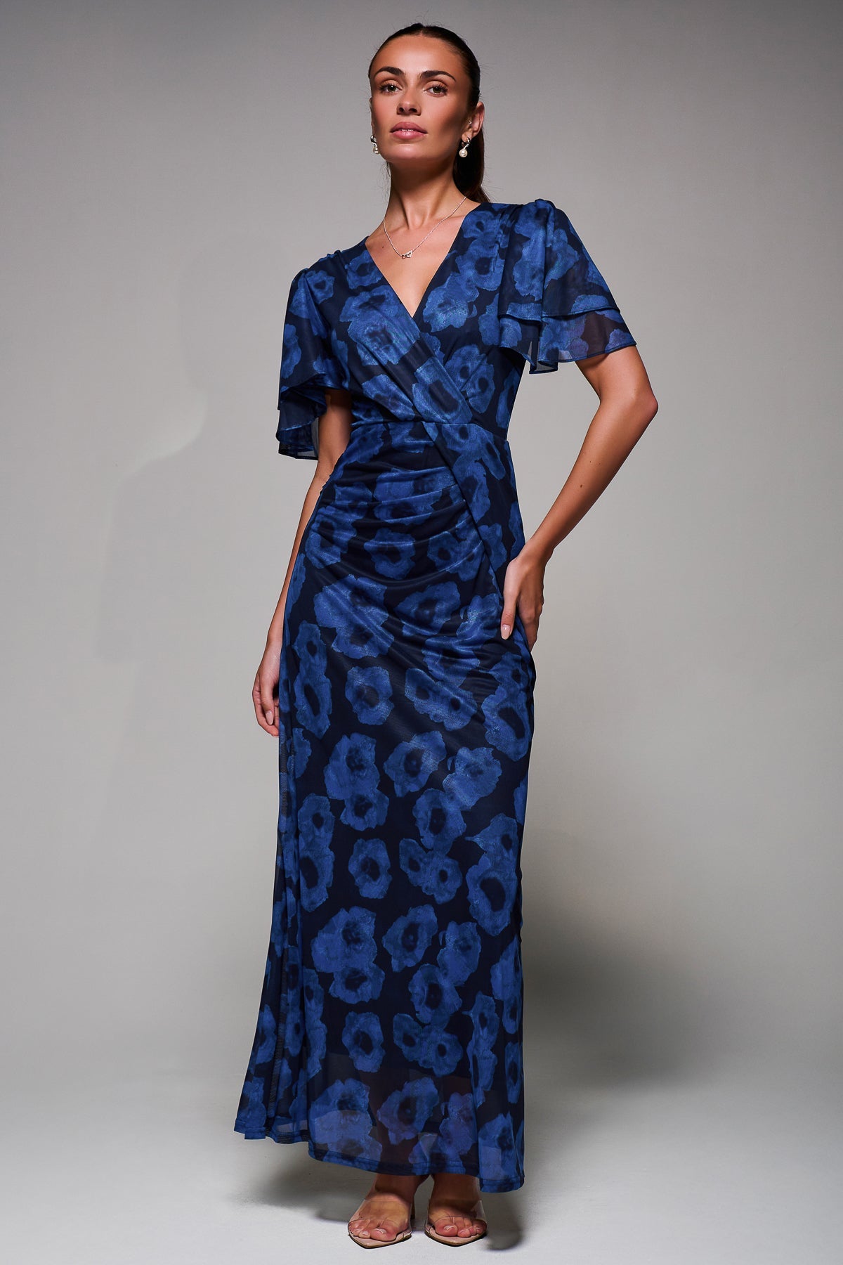 Angel Sleeve Draped Mesh Maxi Dress Blue Abstract Full Length View