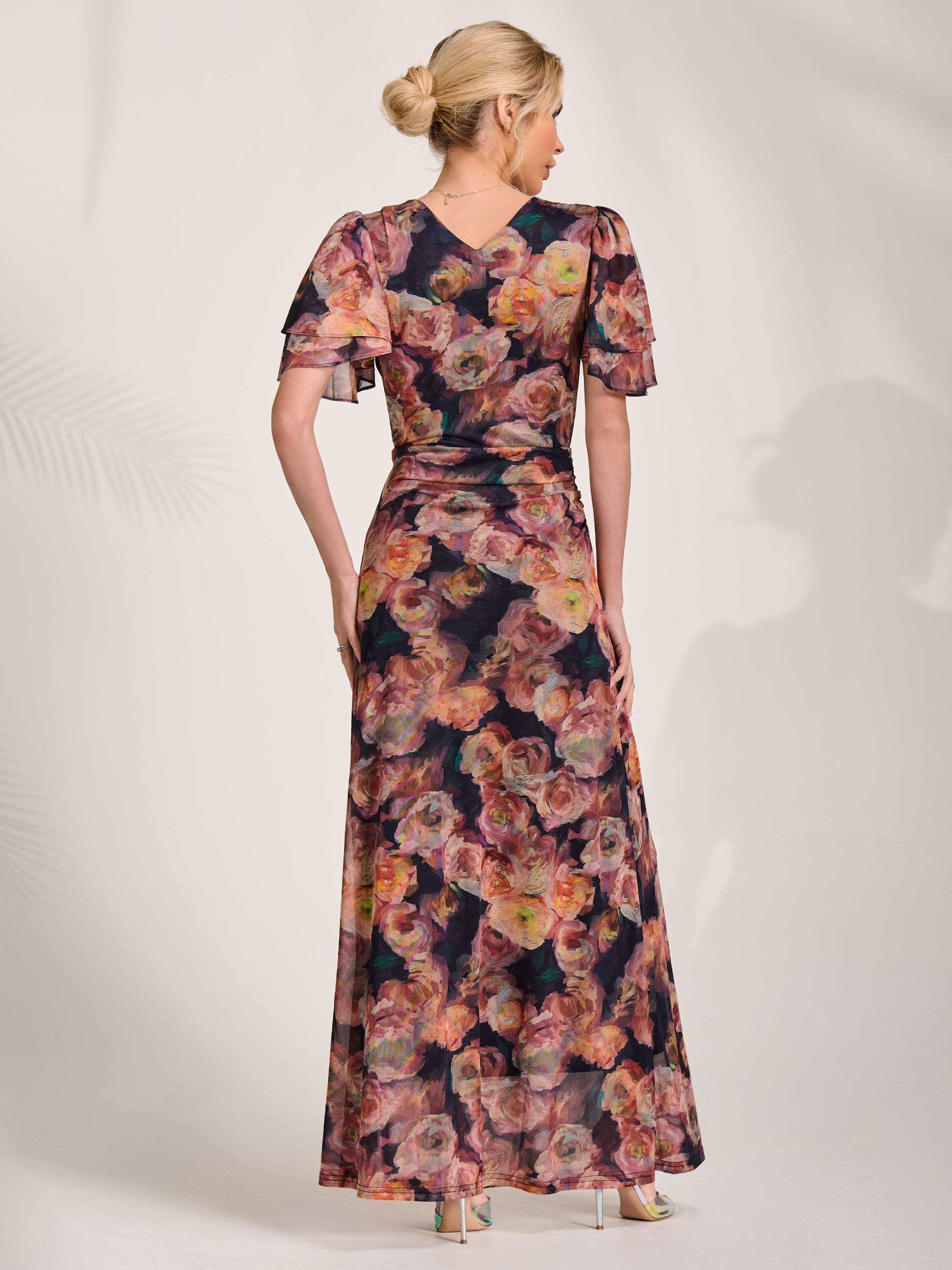 Angel Sleeve Draped Mesh Maxi Dress Back View