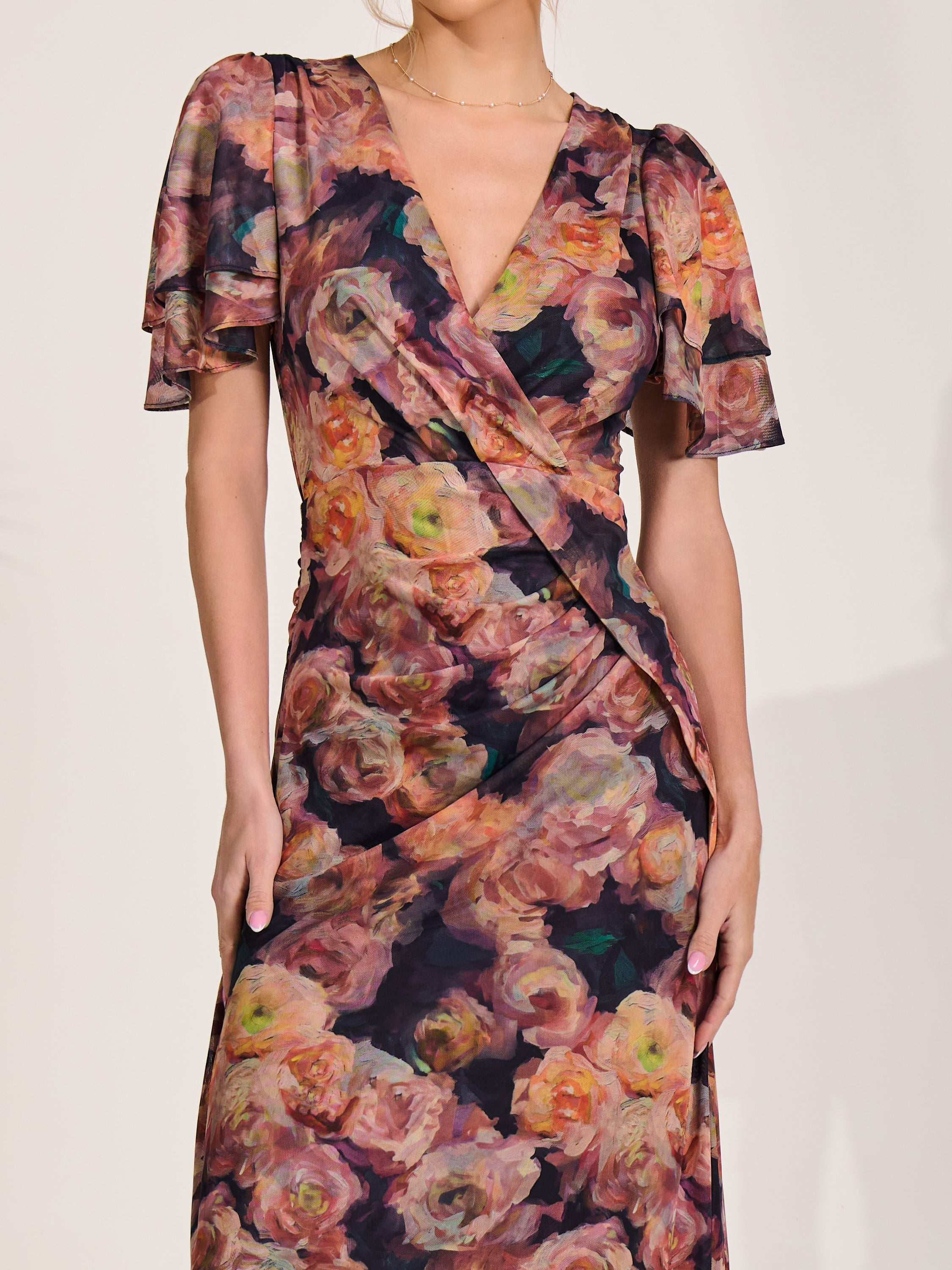 Angel Sleeve Draped Mesh Maxi Dress Side View