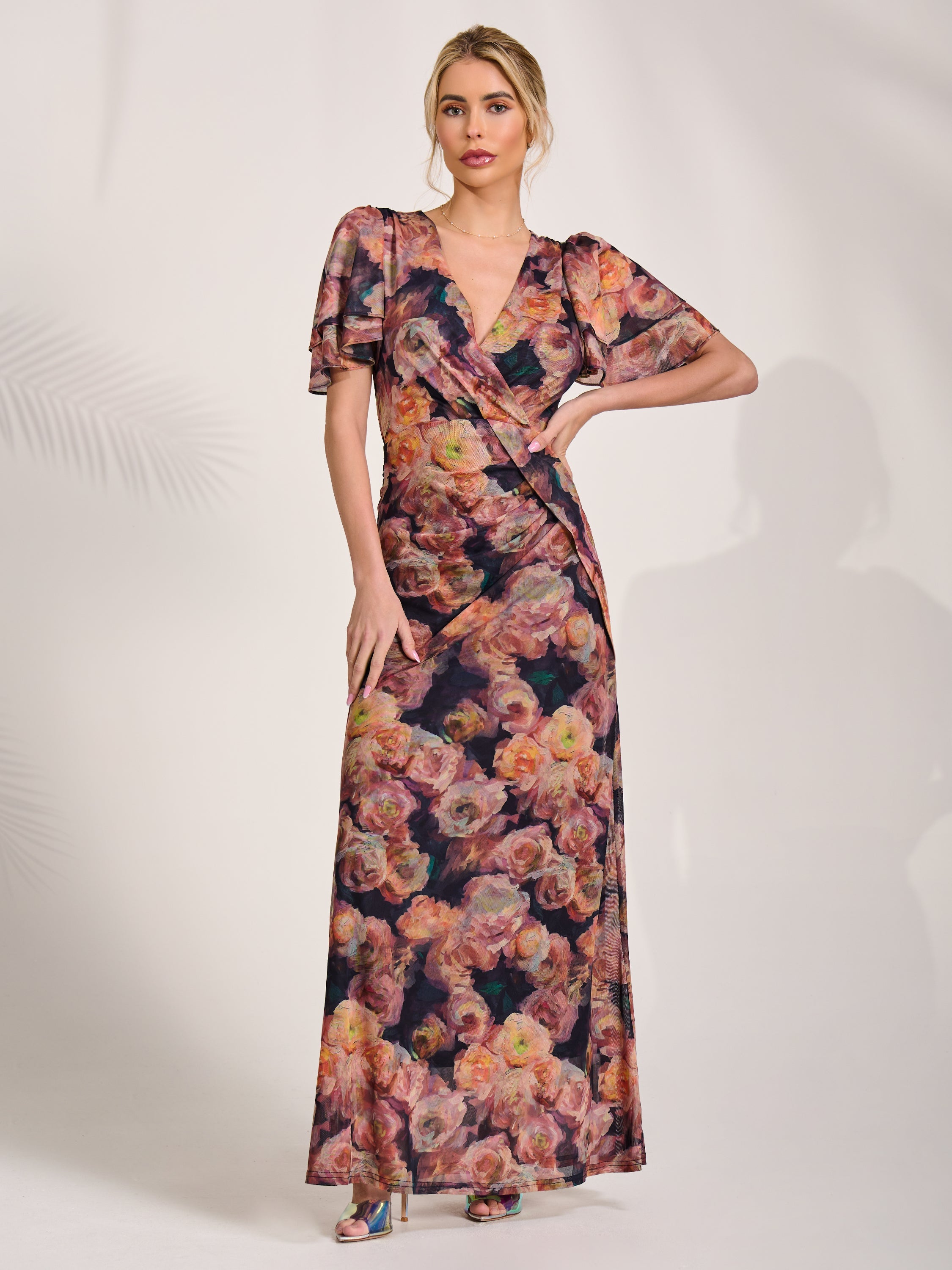 Angel Sleeve Draped Mesh Maxi Dress Detail View