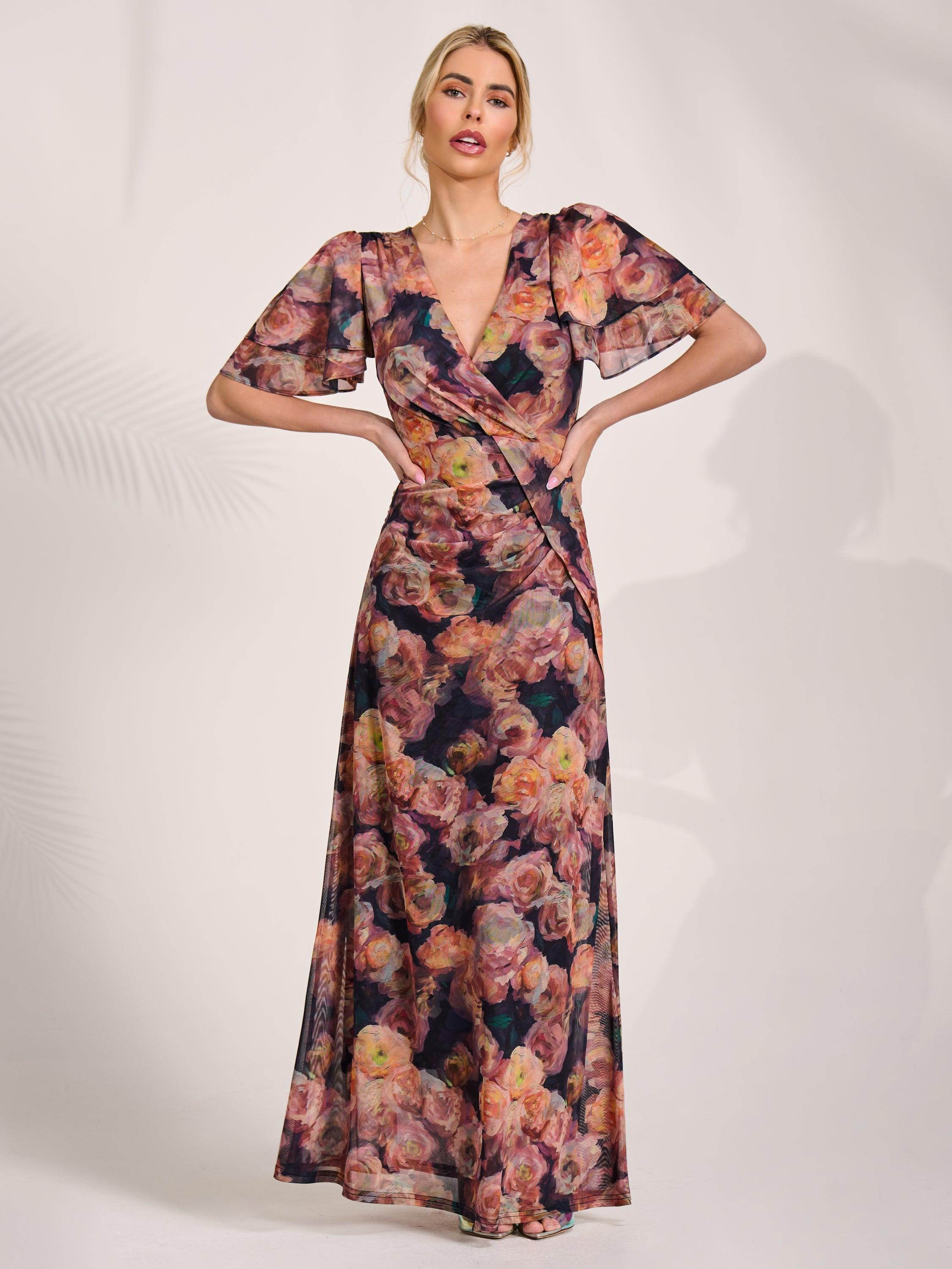 Angel Sleeve Draped Mesh Maxi Dress Styled View