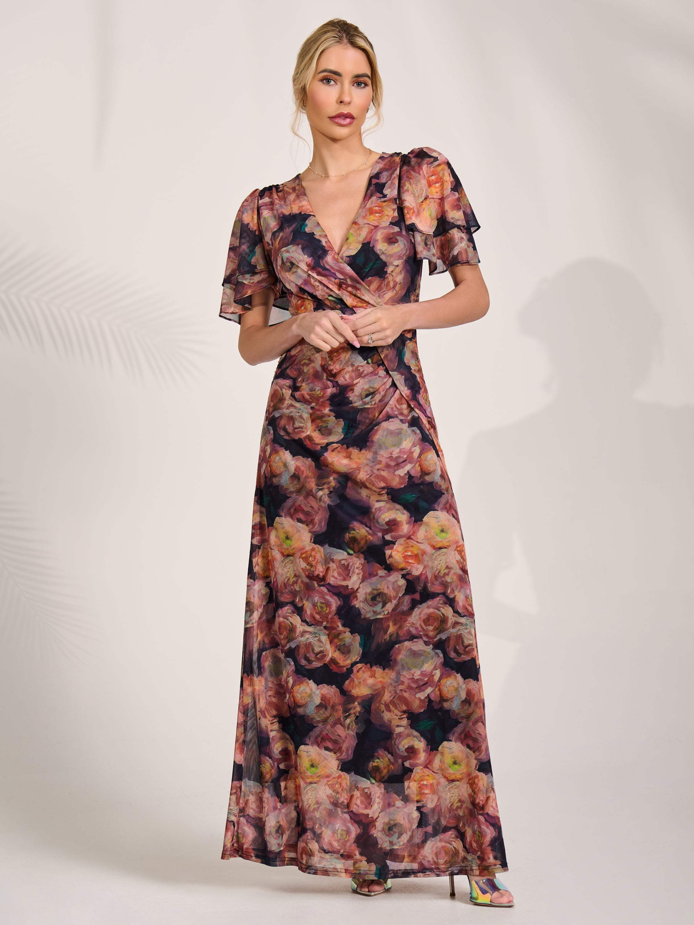 Angel Sleeve Draped Mesh Maxi Dress Full Length View