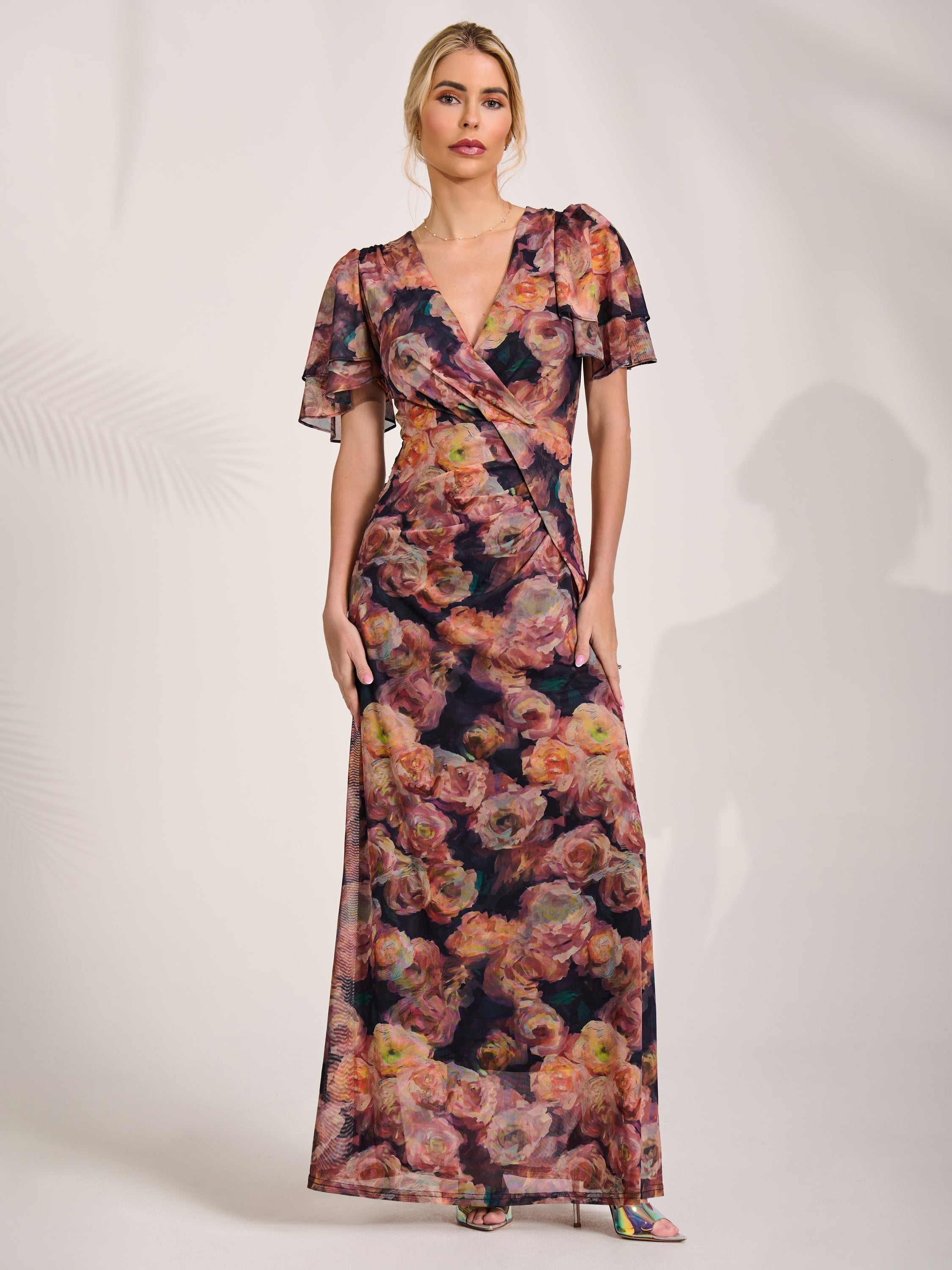 Angel Sleeve Draped Mesh Maxi Dress Front View 2
