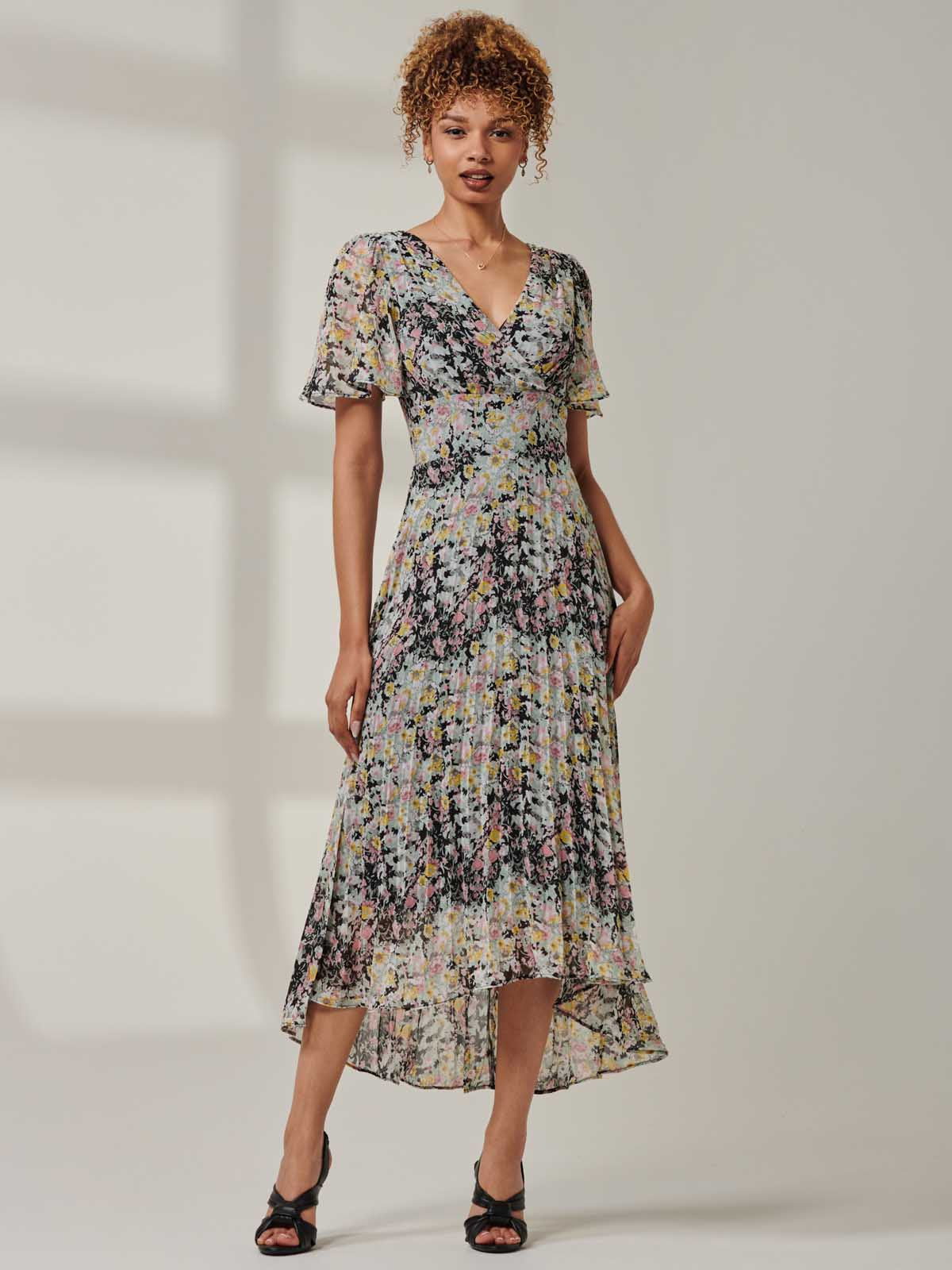 Floral Chiffon V Neck Midaxi Dress Black Multi Front View