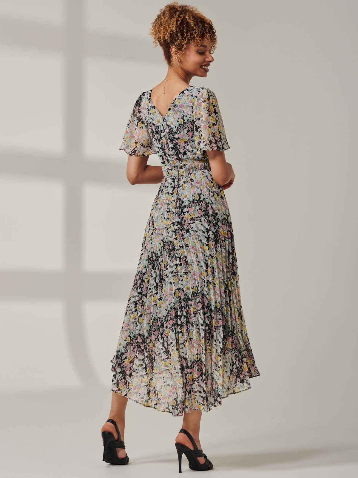 Floral Chiffon V Neck Midaxi Dress Black Multi Back View