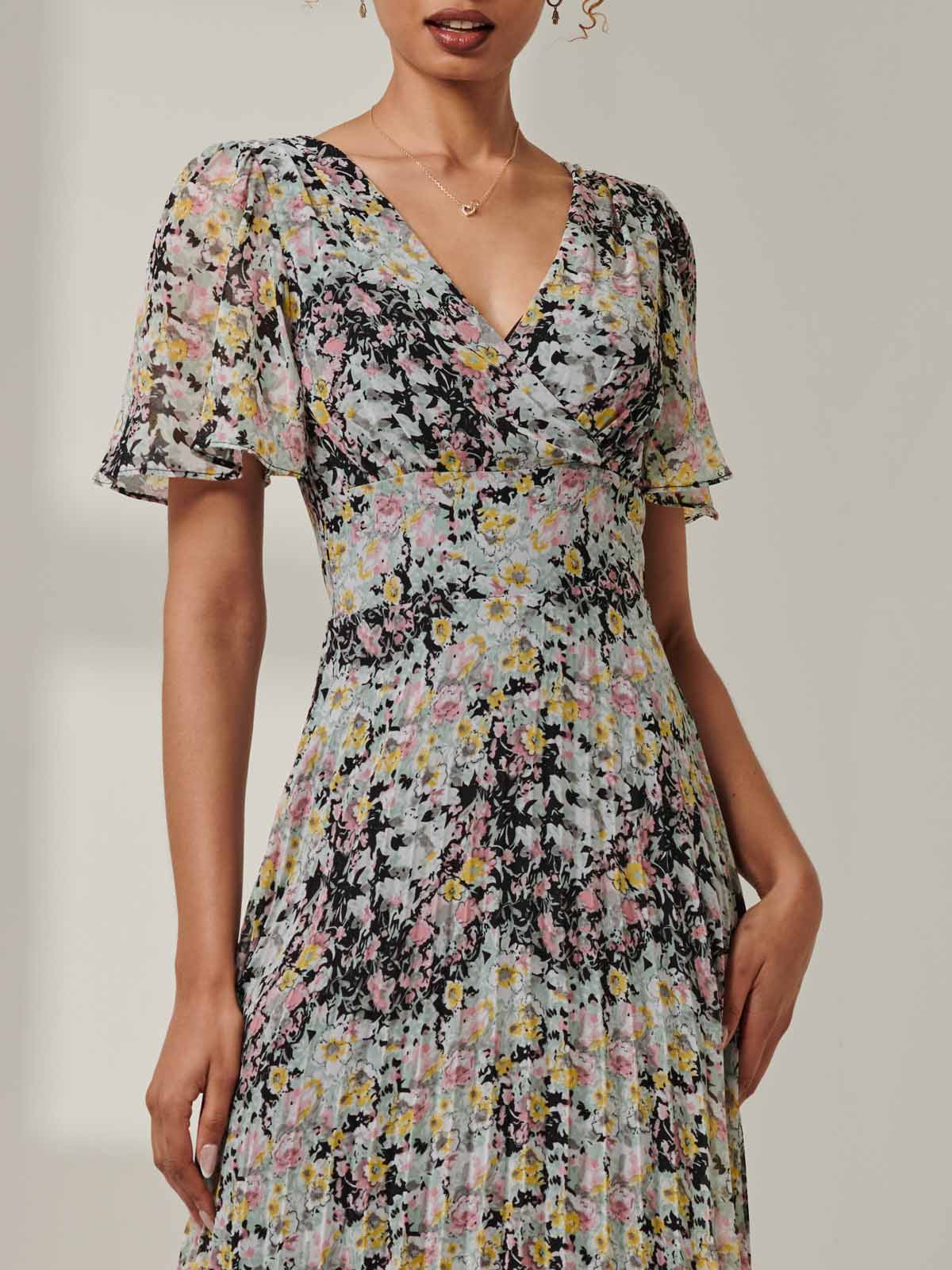 Floral Chiffon V Neck Midaxi Dress Black Multi Side View