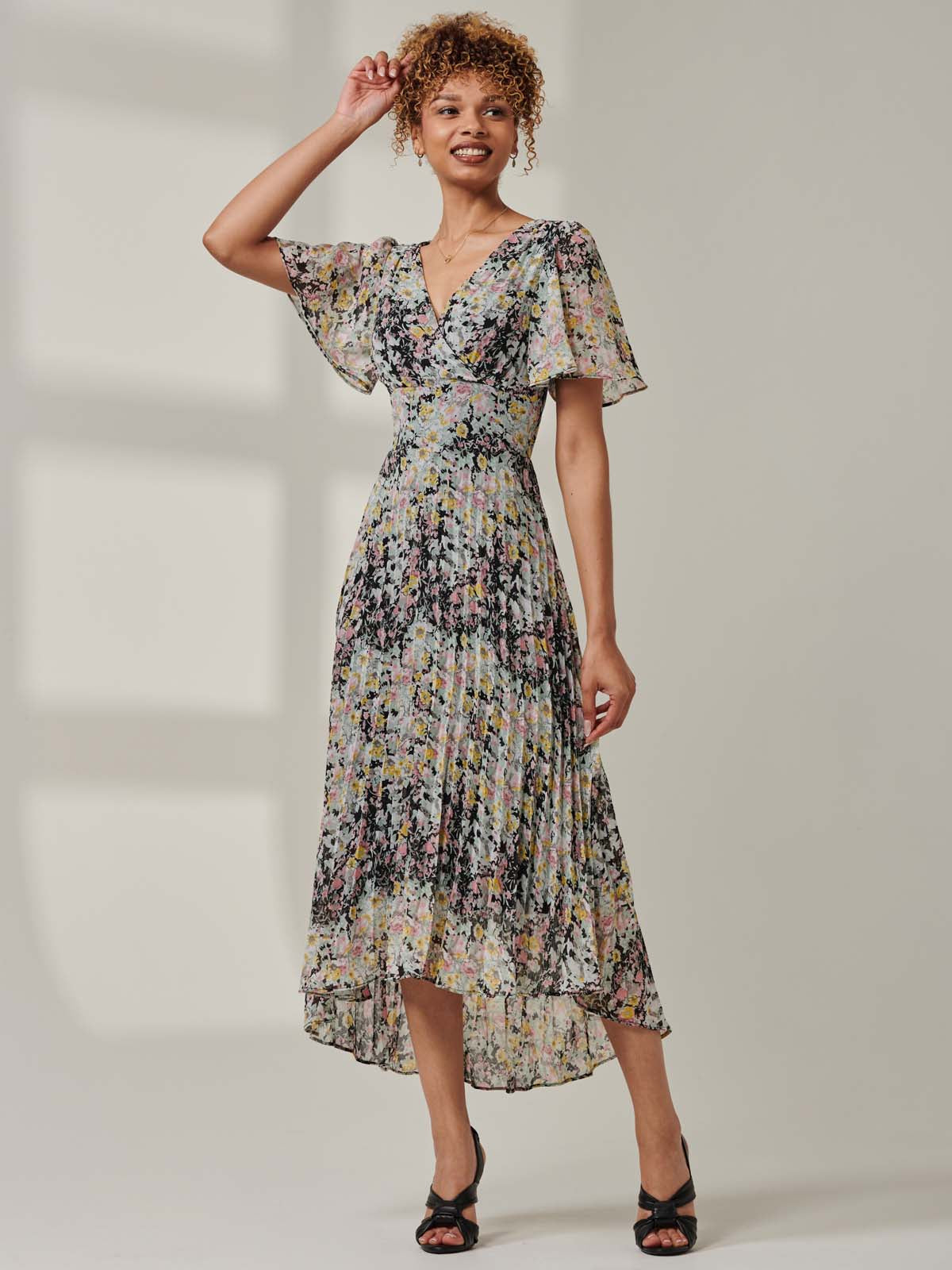 Floral Chiffon V Neck Midaxi Dress Black Multi Full Length View