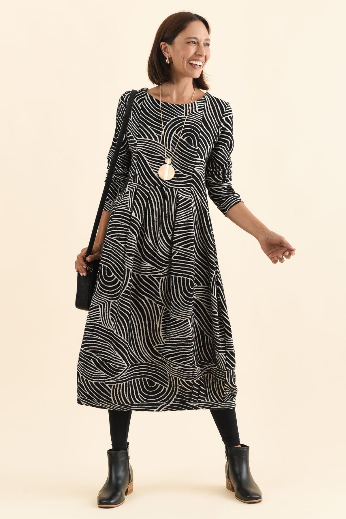Achia Black Stripe Cotton Knit Dress Front View 2