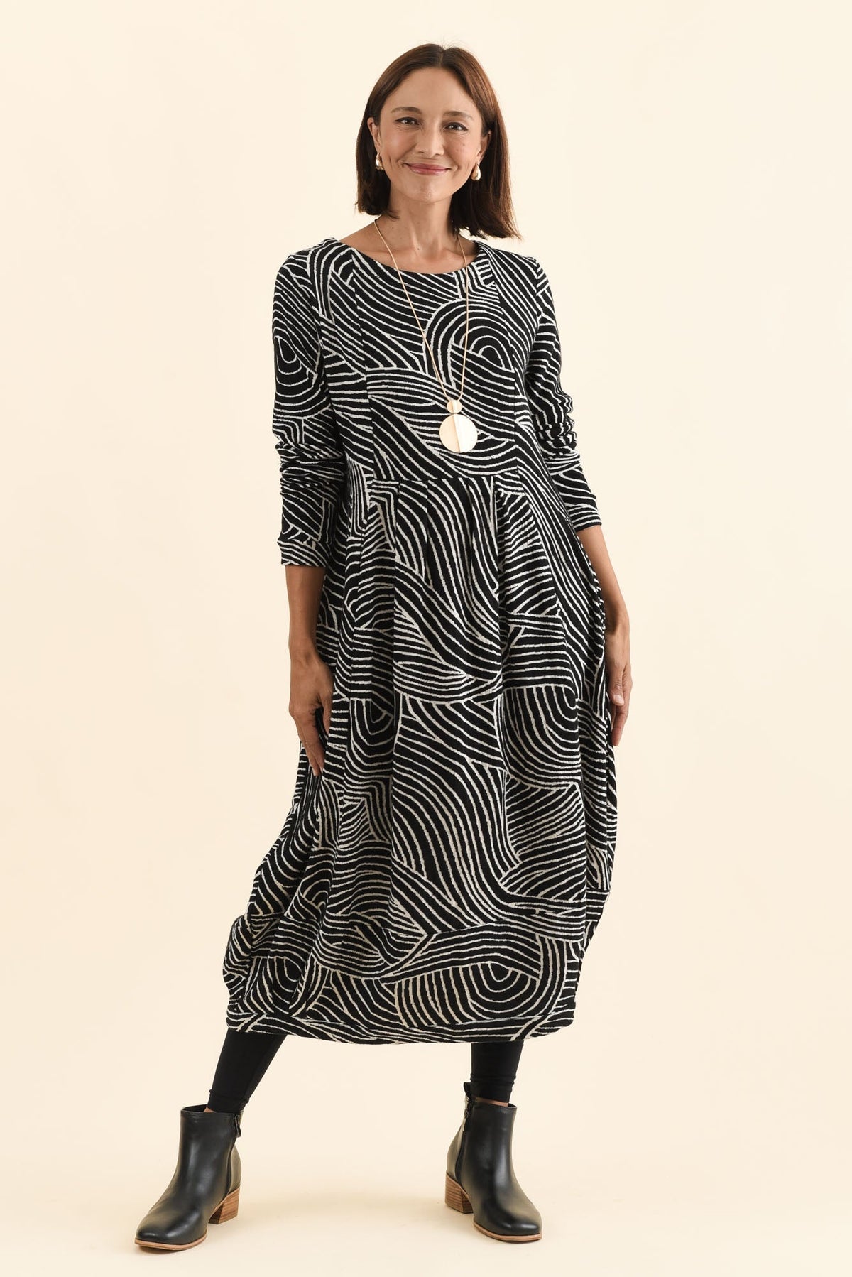 Achia Black Stripe Cotton Knit Dress Front View