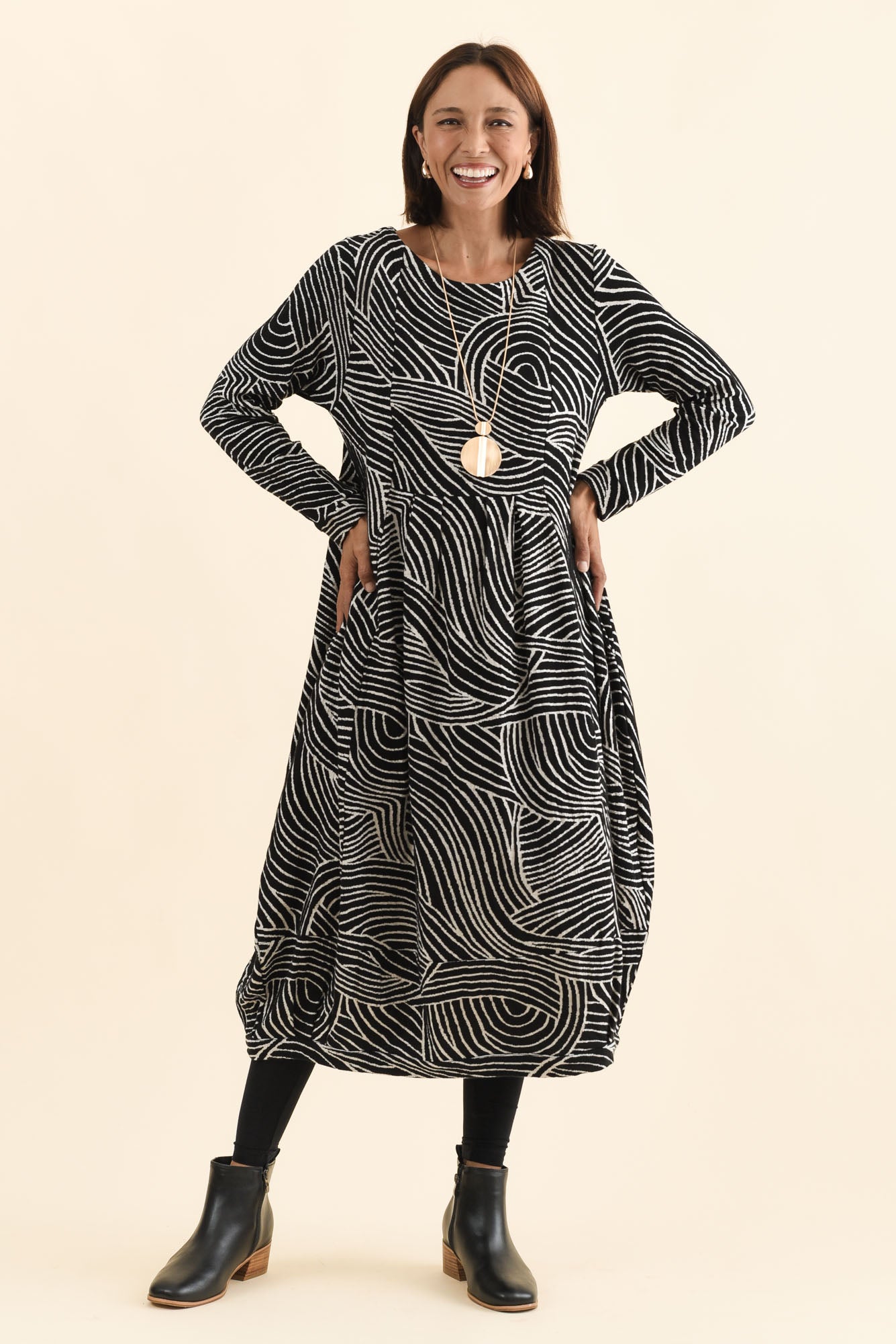 Achia Black Stripe Cotton Knit Dress Full Length View