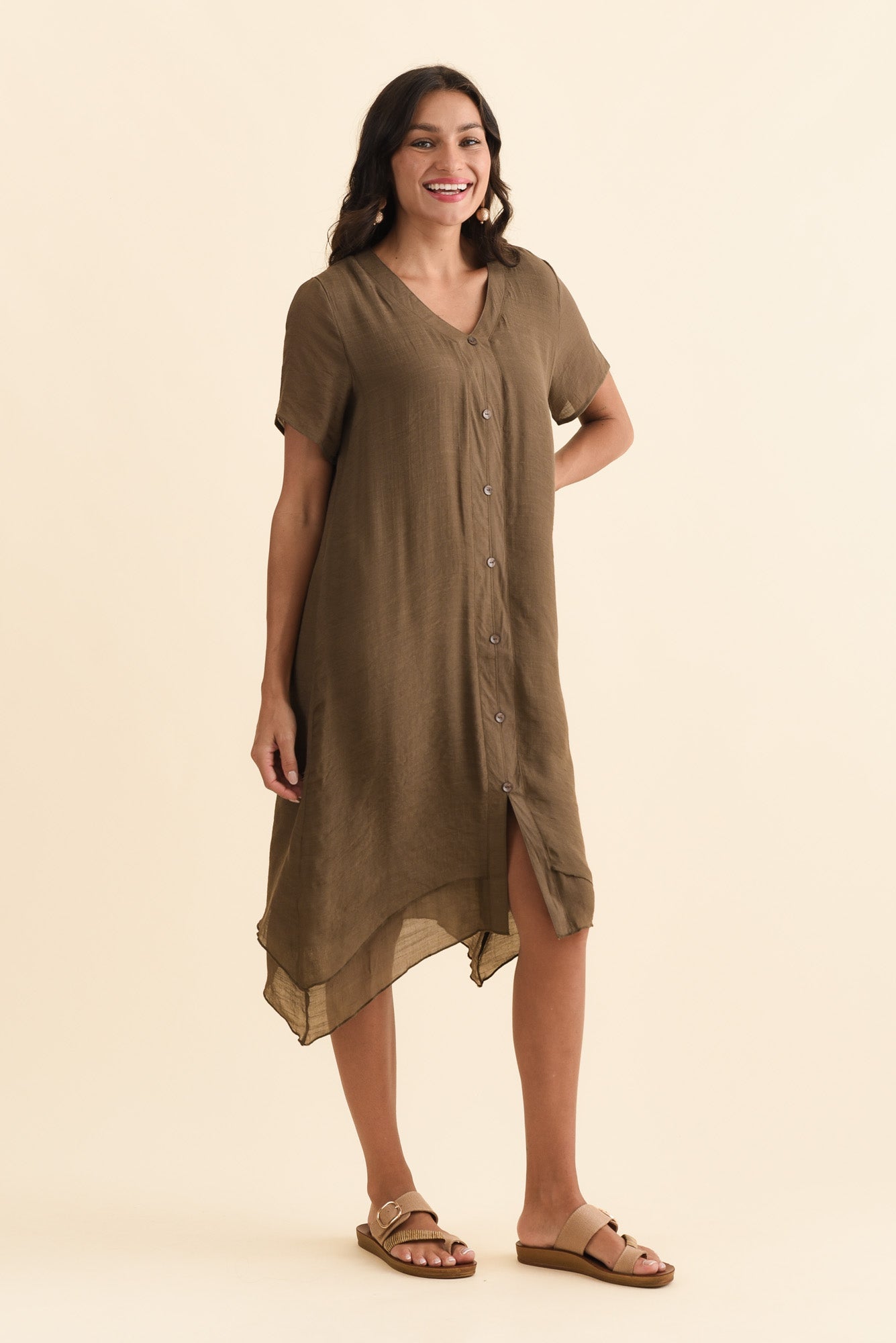 Adelaide Chocolate Layered Button Dress Side View