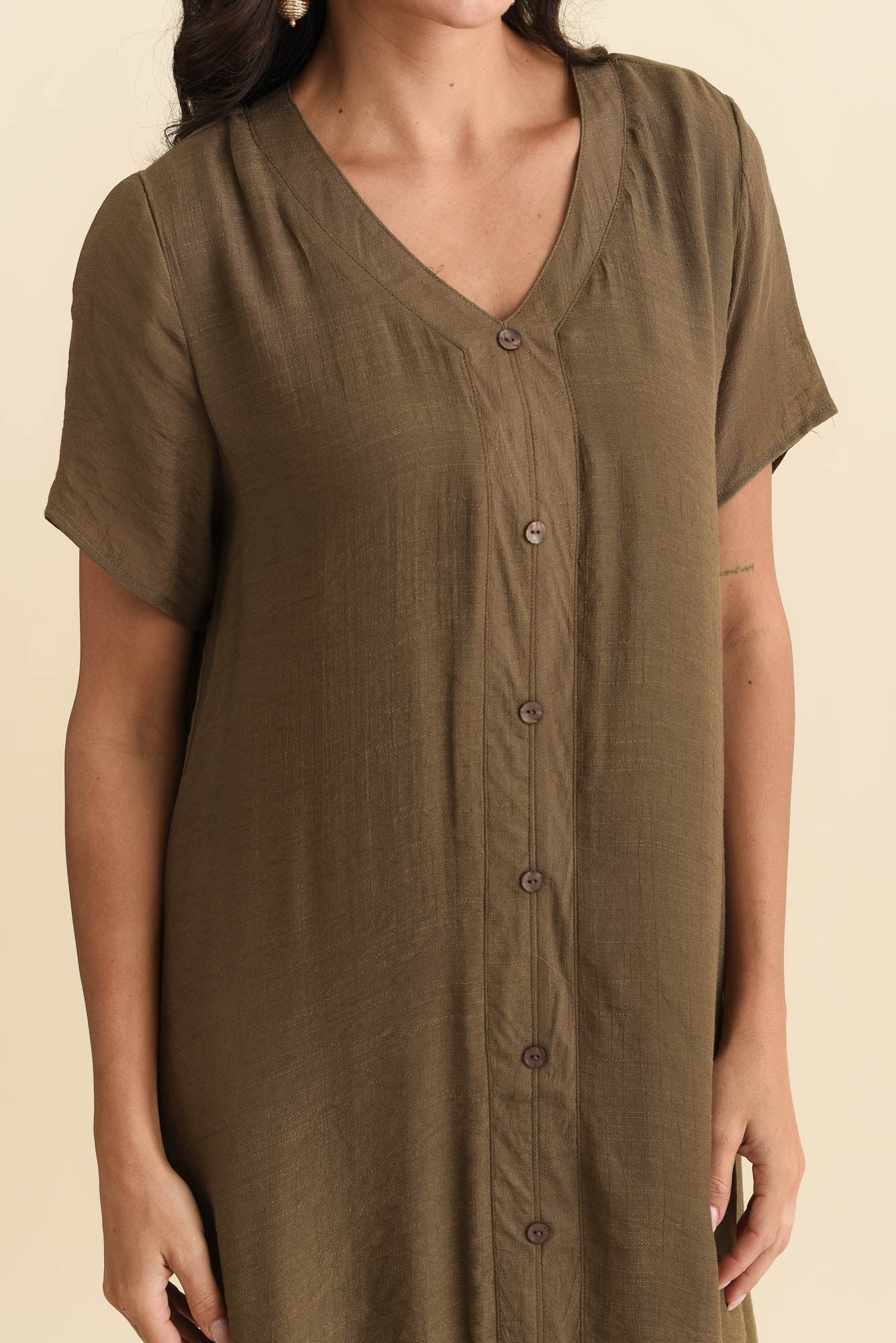 Adelaide Chocolate Layered Button Dress Full Length View