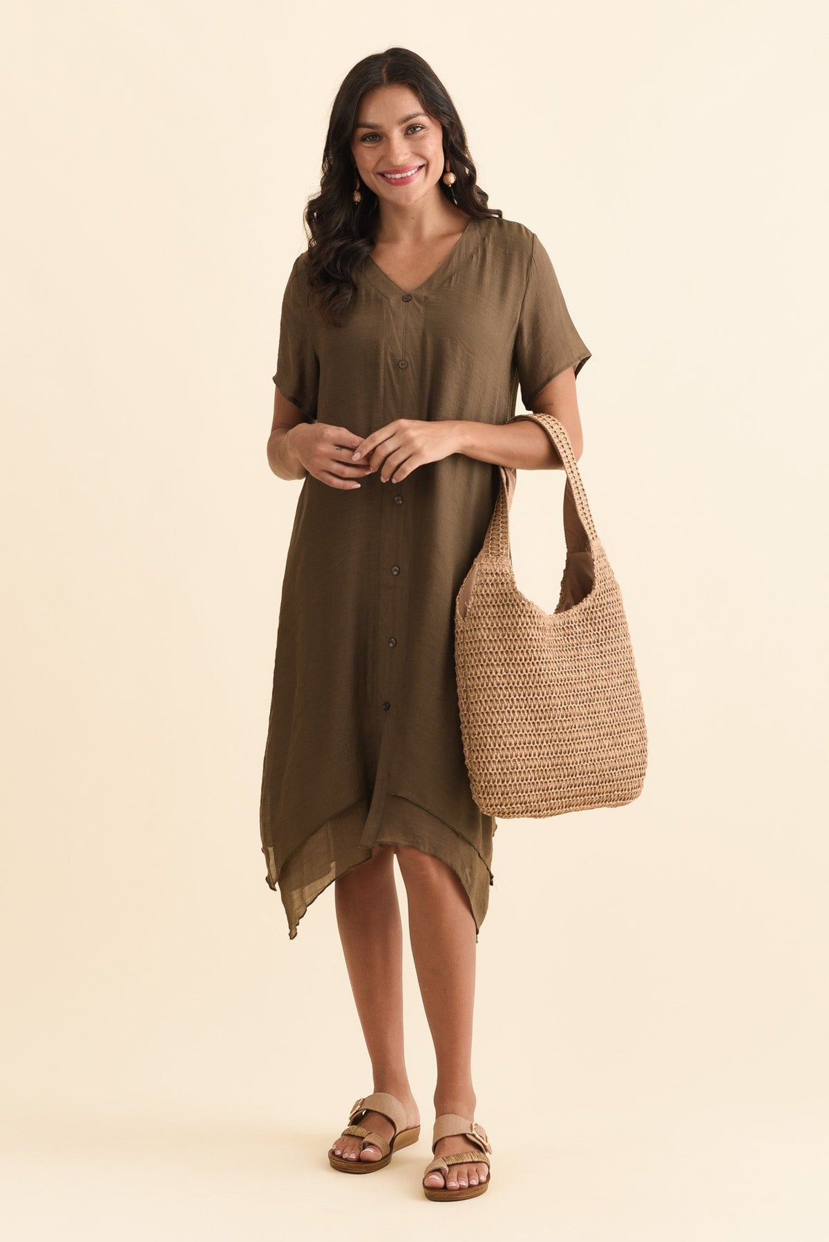 Adelaide Chocolate Layered Button Dress Front View