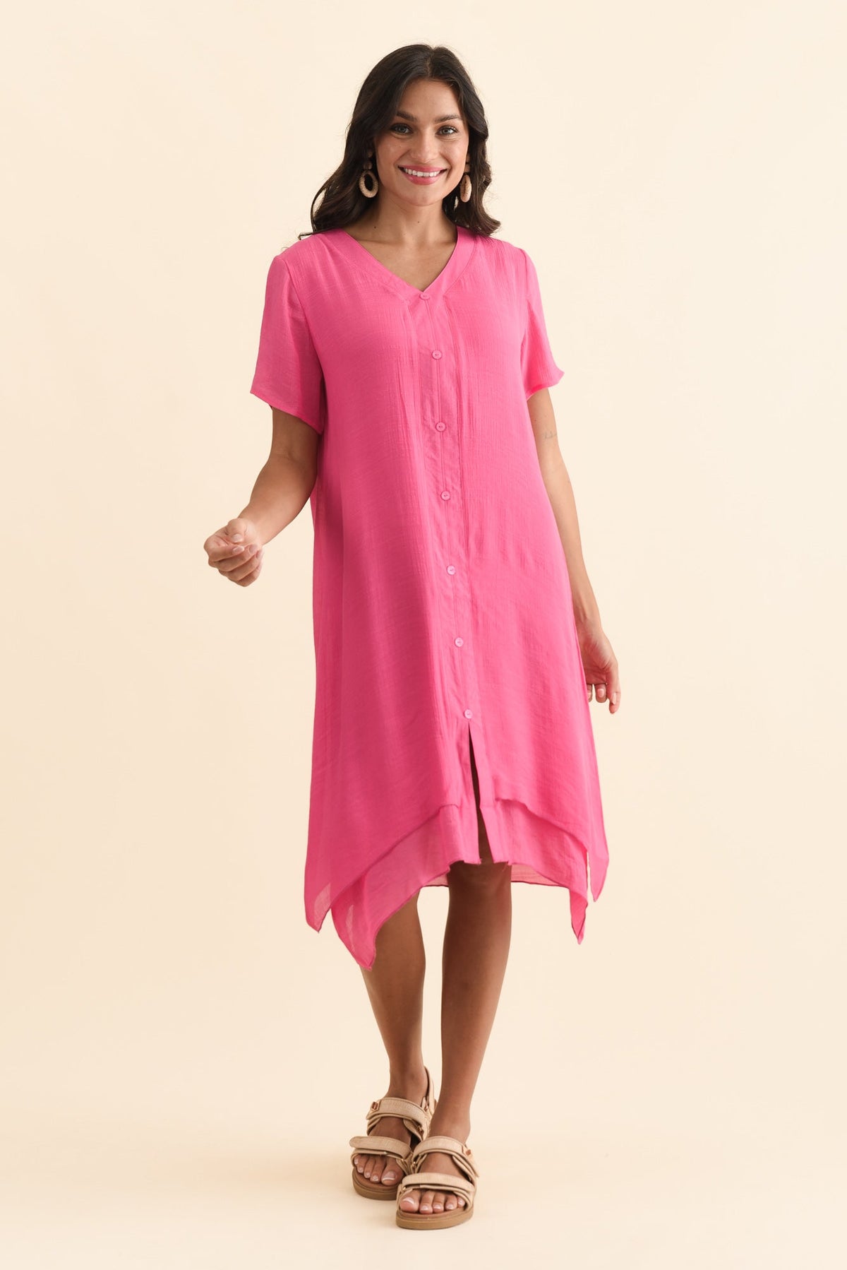 Adelaide Pink Layered Button Dress Full Length View