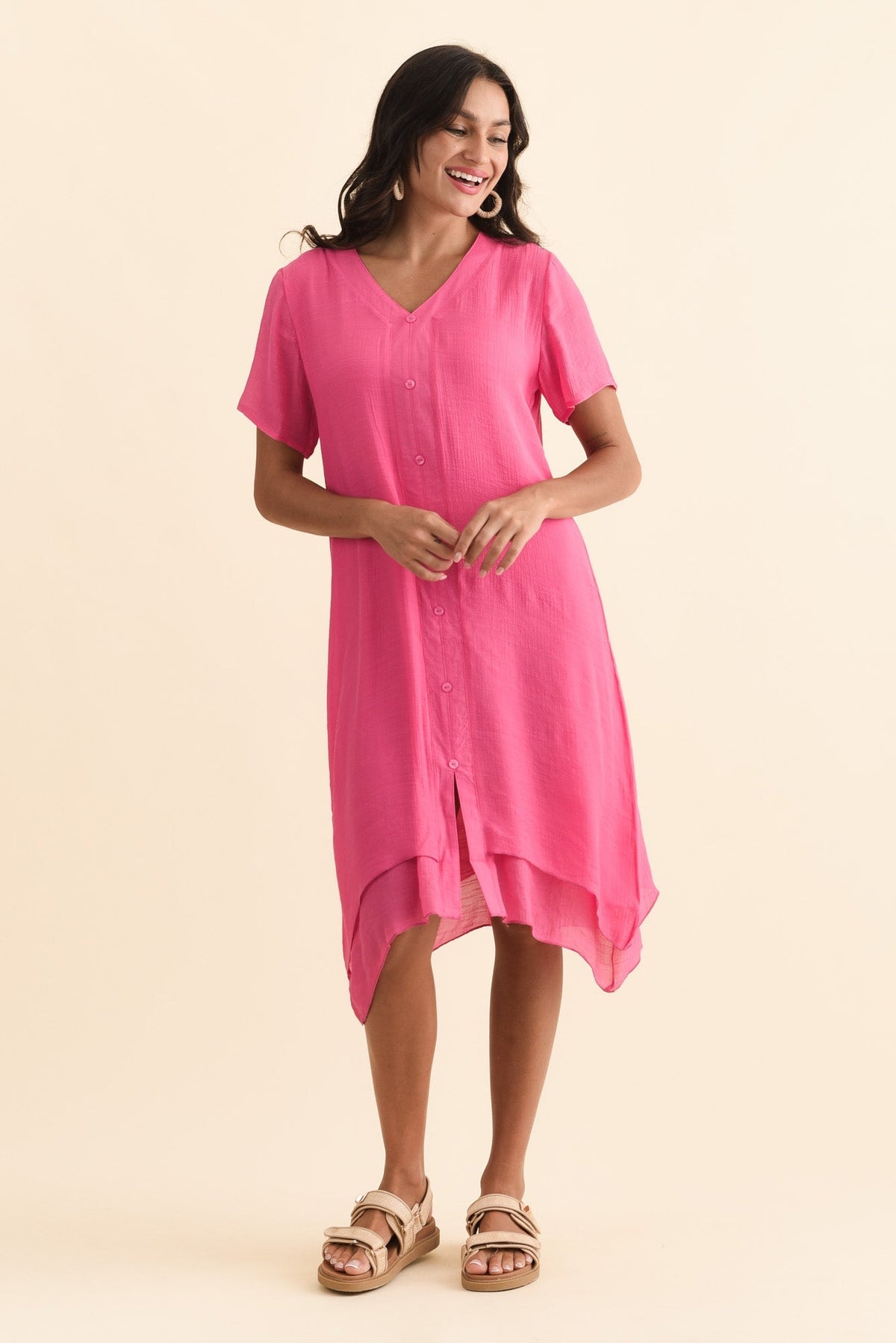 Adelaide Pink Layered Button Dress Front View