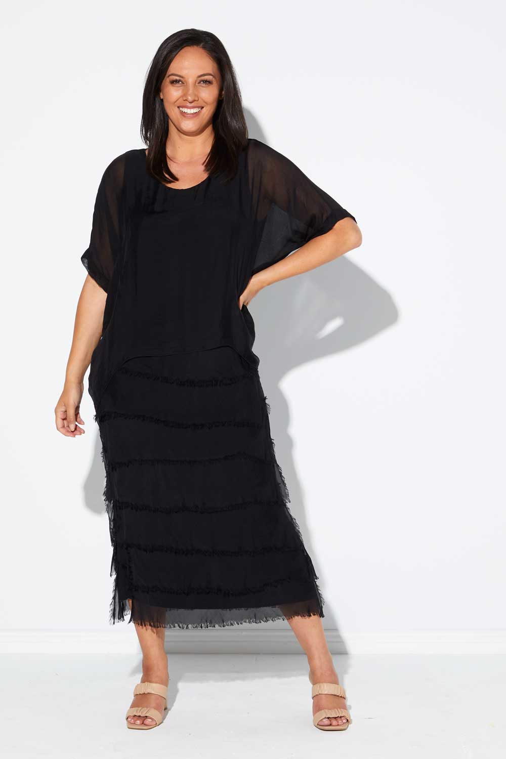 Women's Margo silk blend layered midi dress in Black