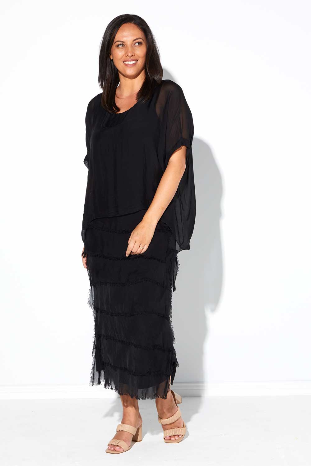 Women's Margo silk blend layered midi dress in Black