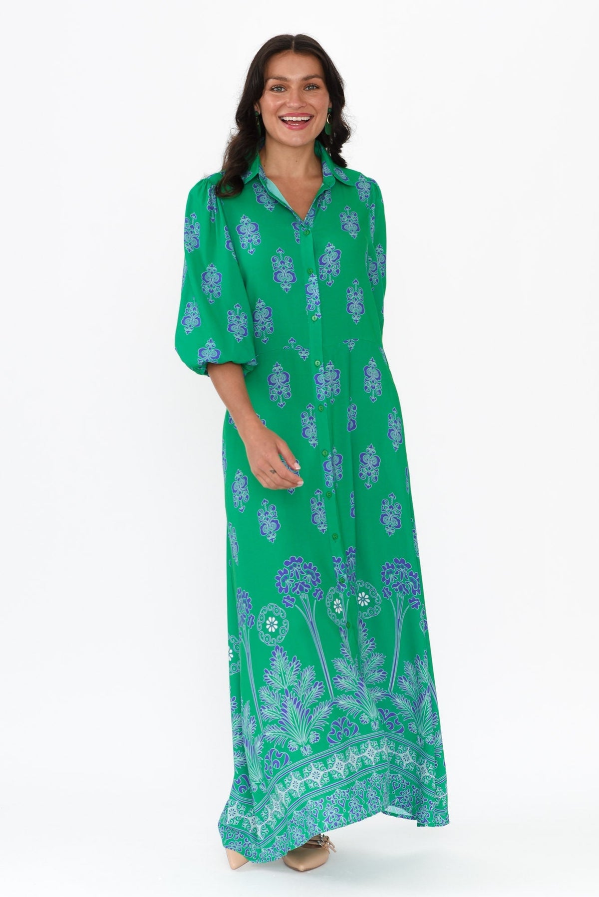 Alivia Green Mosaic Shirt Dress Back View