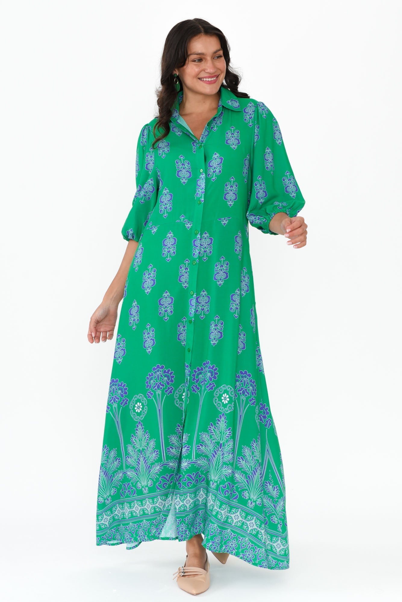 Alivia Green Mosaic Shirt Dress Front View