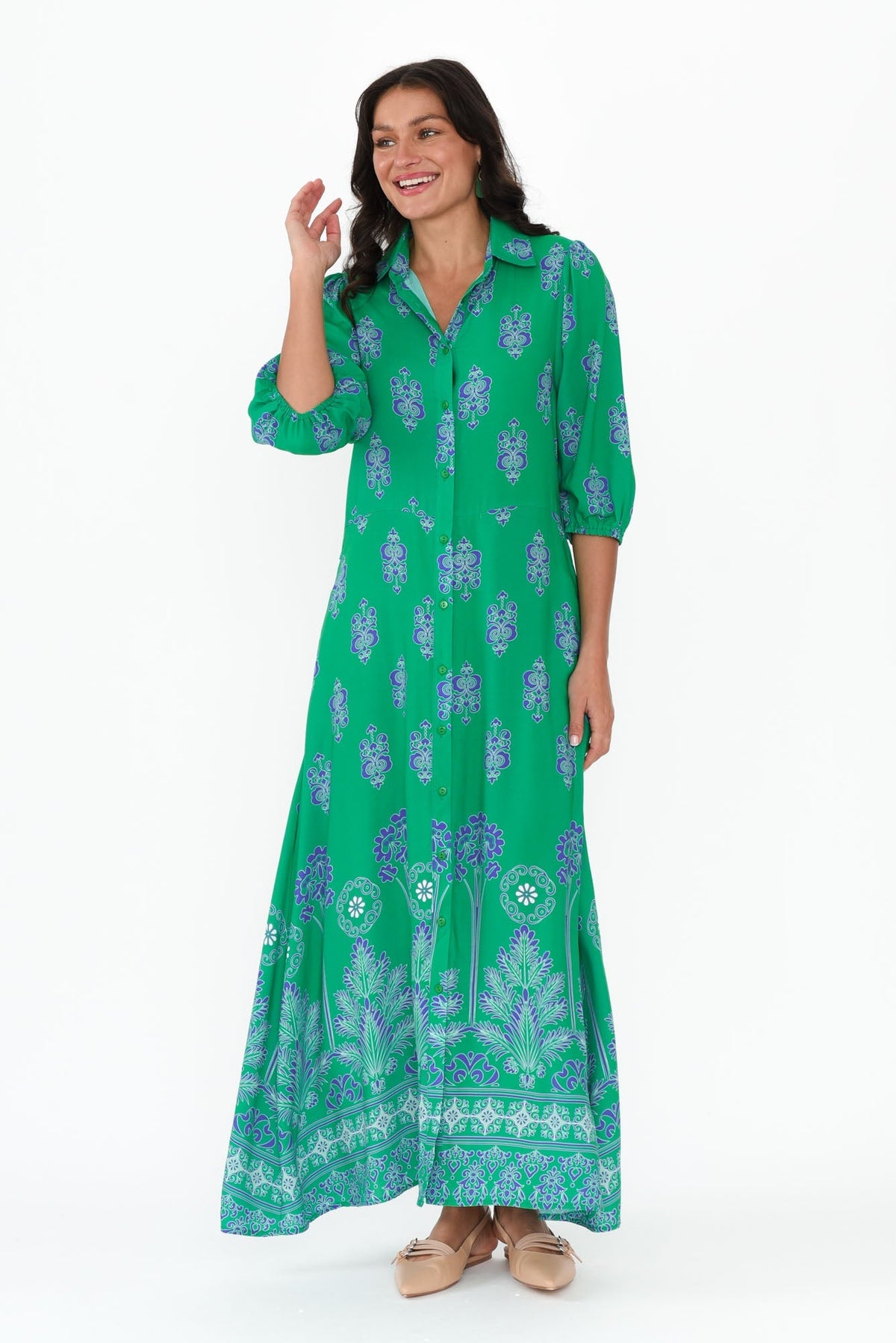 Alivia Green Mosaic Shirt Dress Back View 2