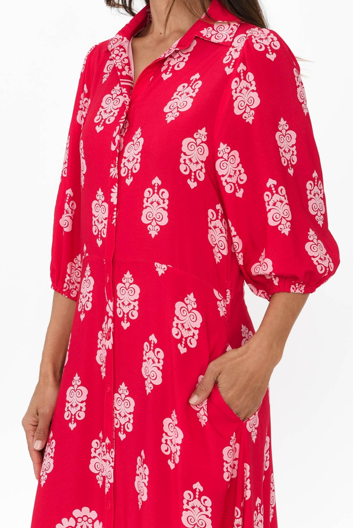 Alivia Red Mosaic Shirt Dress Detail View