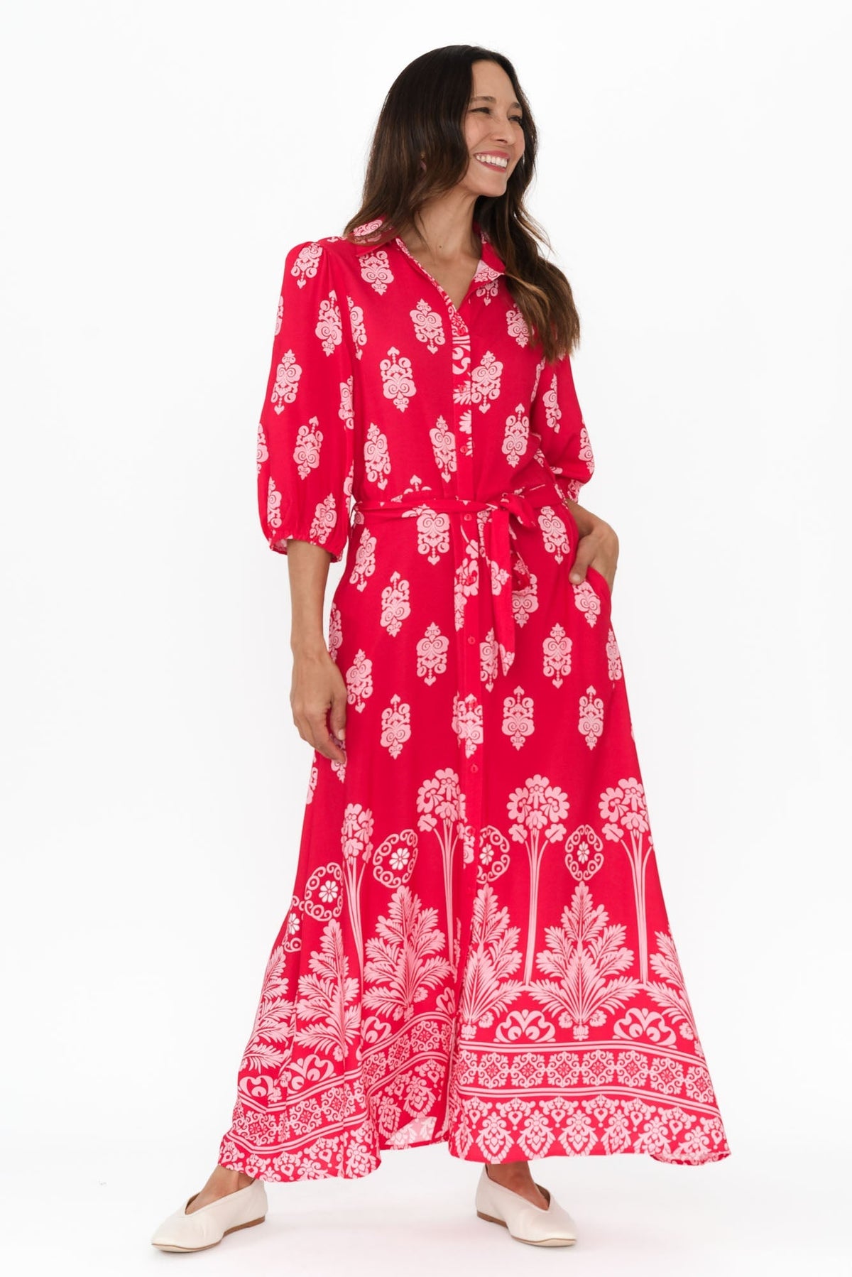 Alivia Red Mosaic Shirt Dress Full Length View