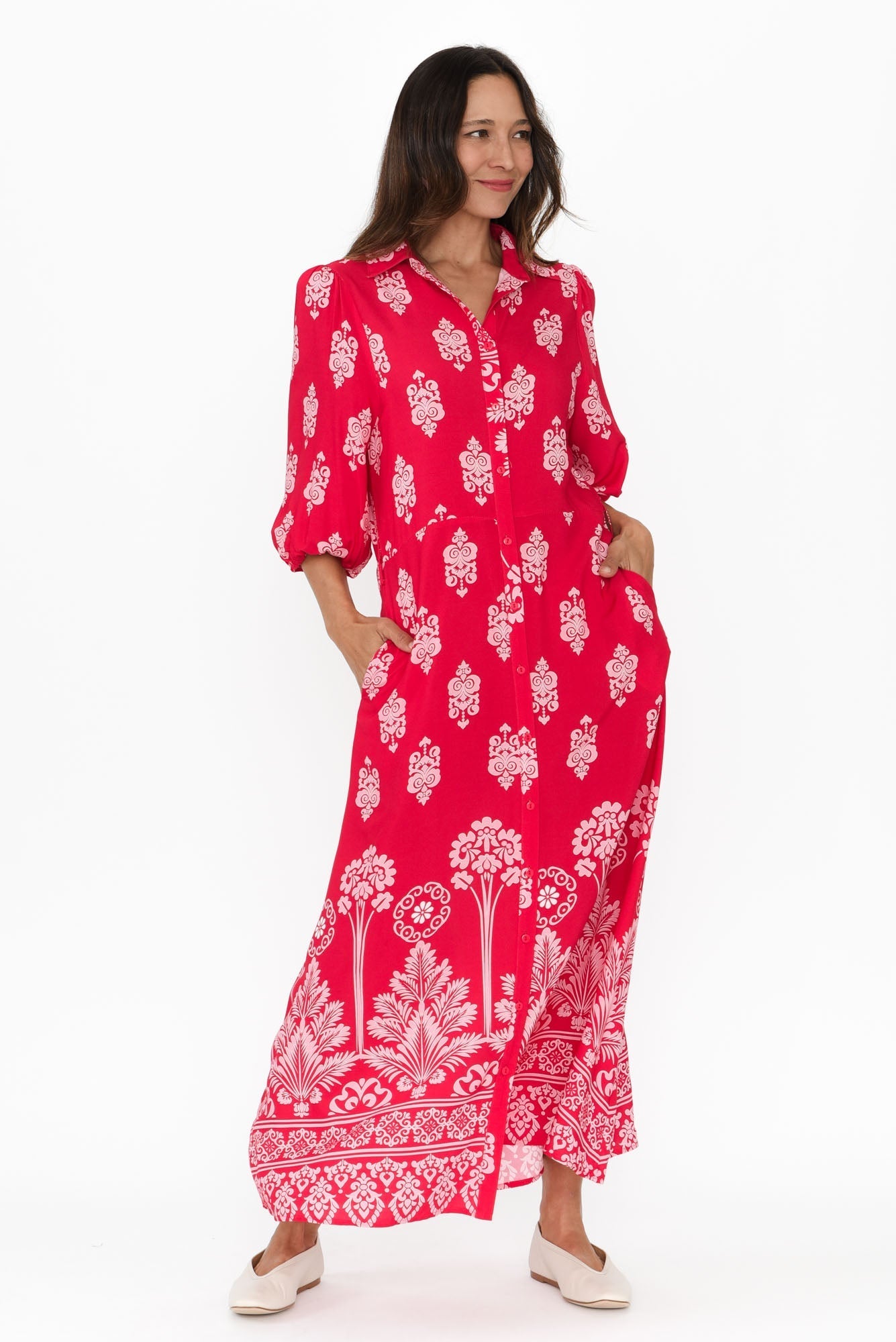 Alivia Red Mosaic Shirt Dress Front View 2
