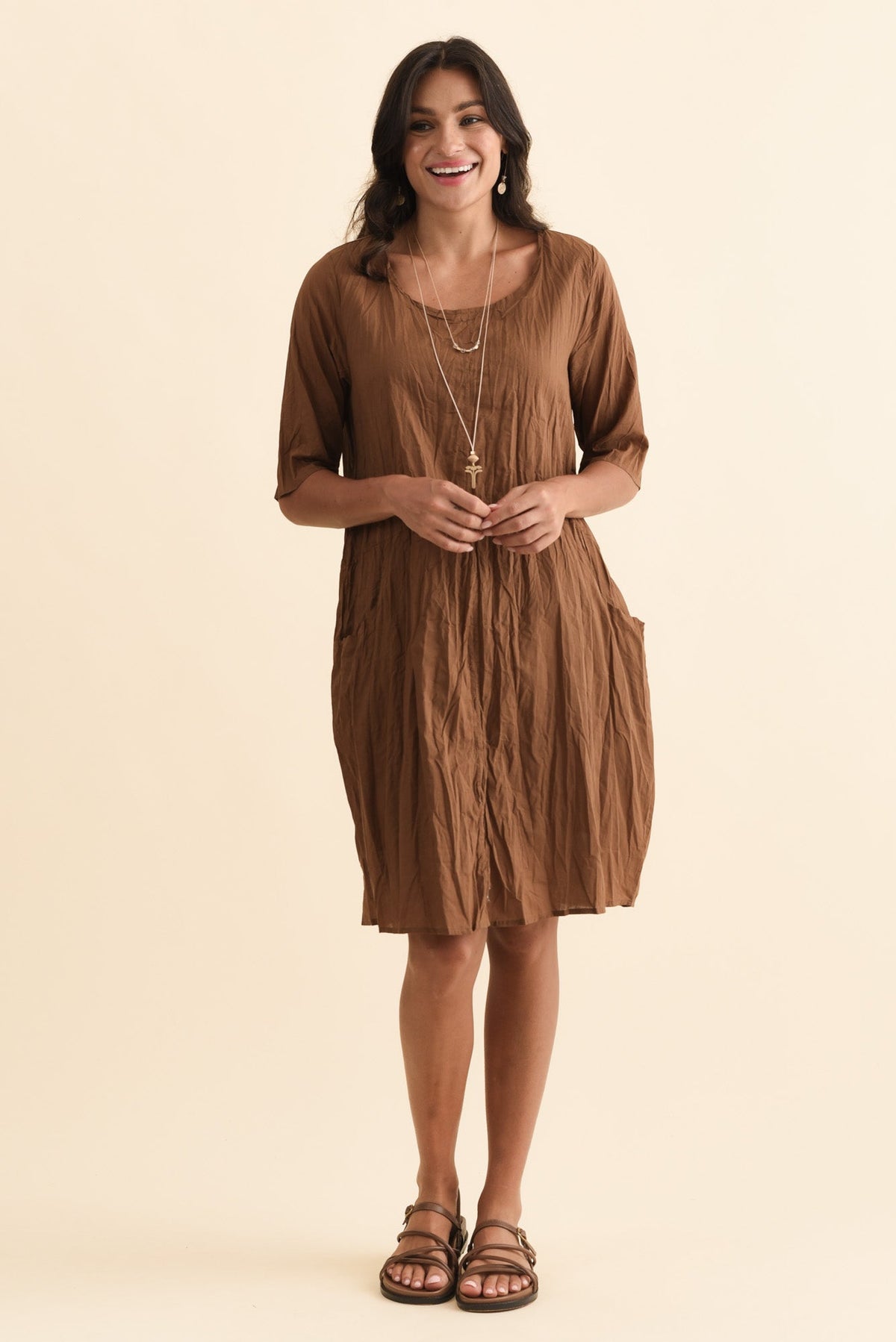 Andora Chocolate Crinkle Cotton Dress Full Length View