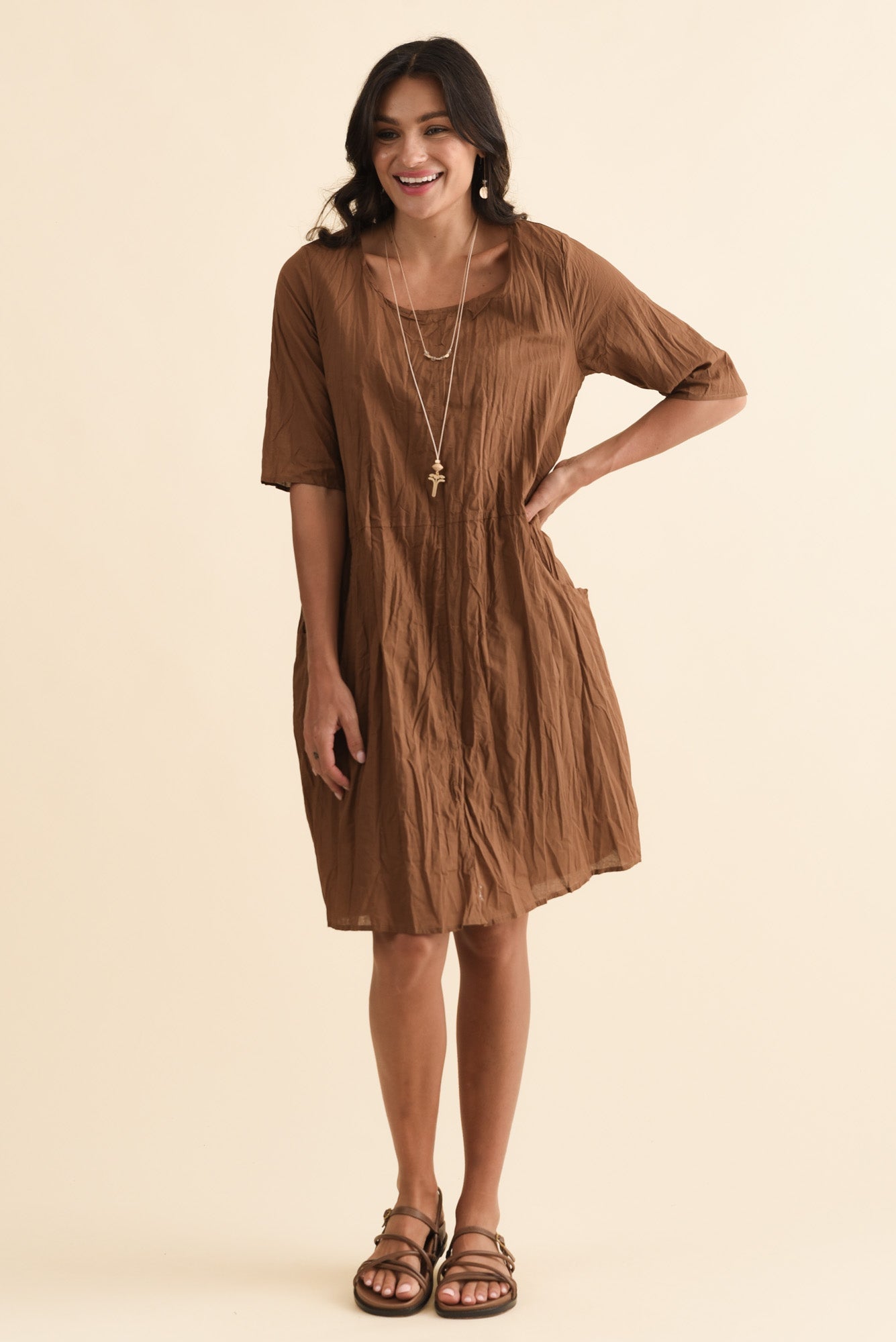 Andora Chocolate Crinkle Cotton Dress Front View