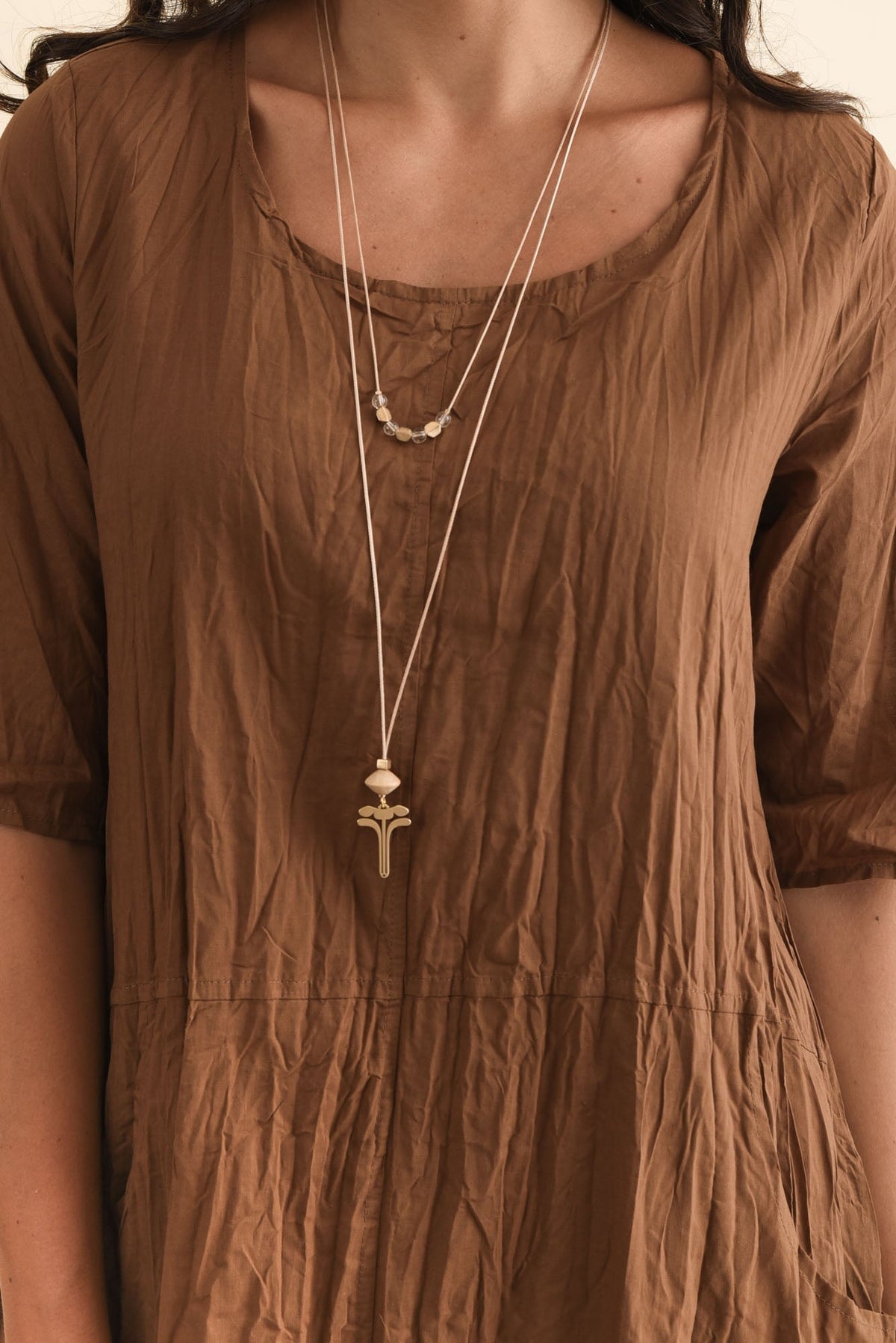 Andora Chocolate Crinkle Cotton Dress Detail View