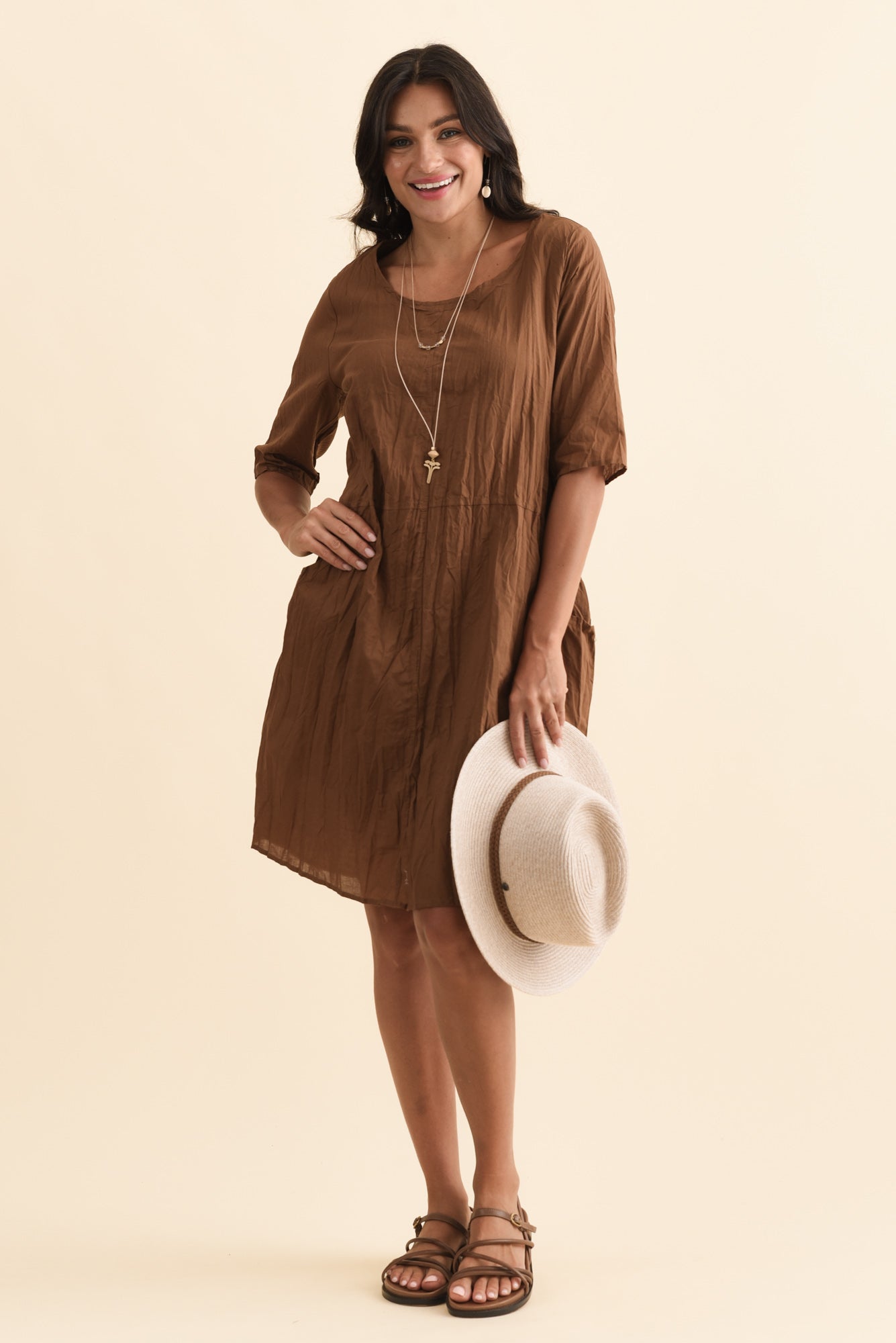 Andora Chocolate Crinkle Cotton Dress Front View 2