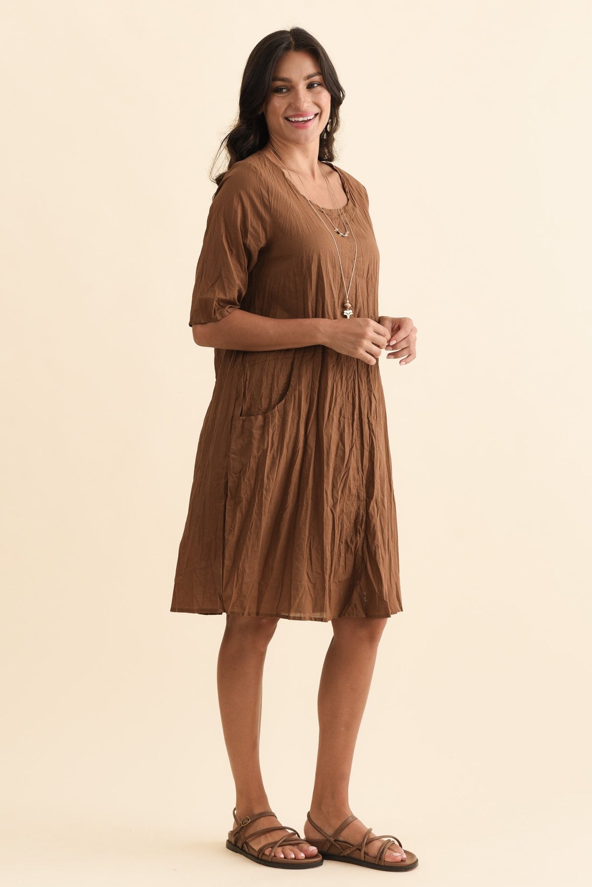 Andora Chocolate Crinkle Cotton Dress Back View