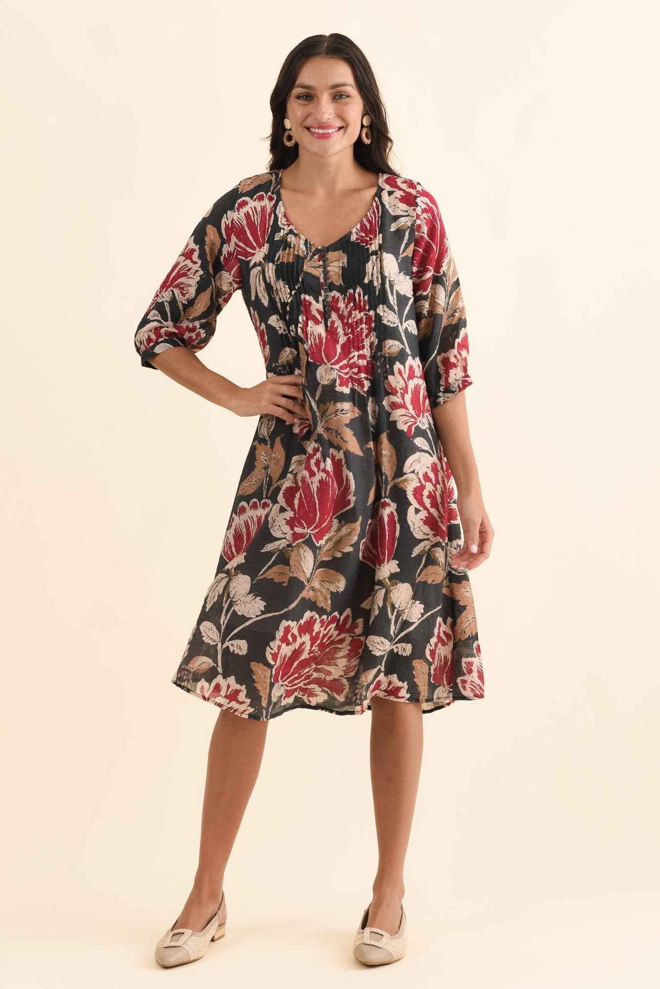 Arcadia Green Floral Button Dress Front View 2