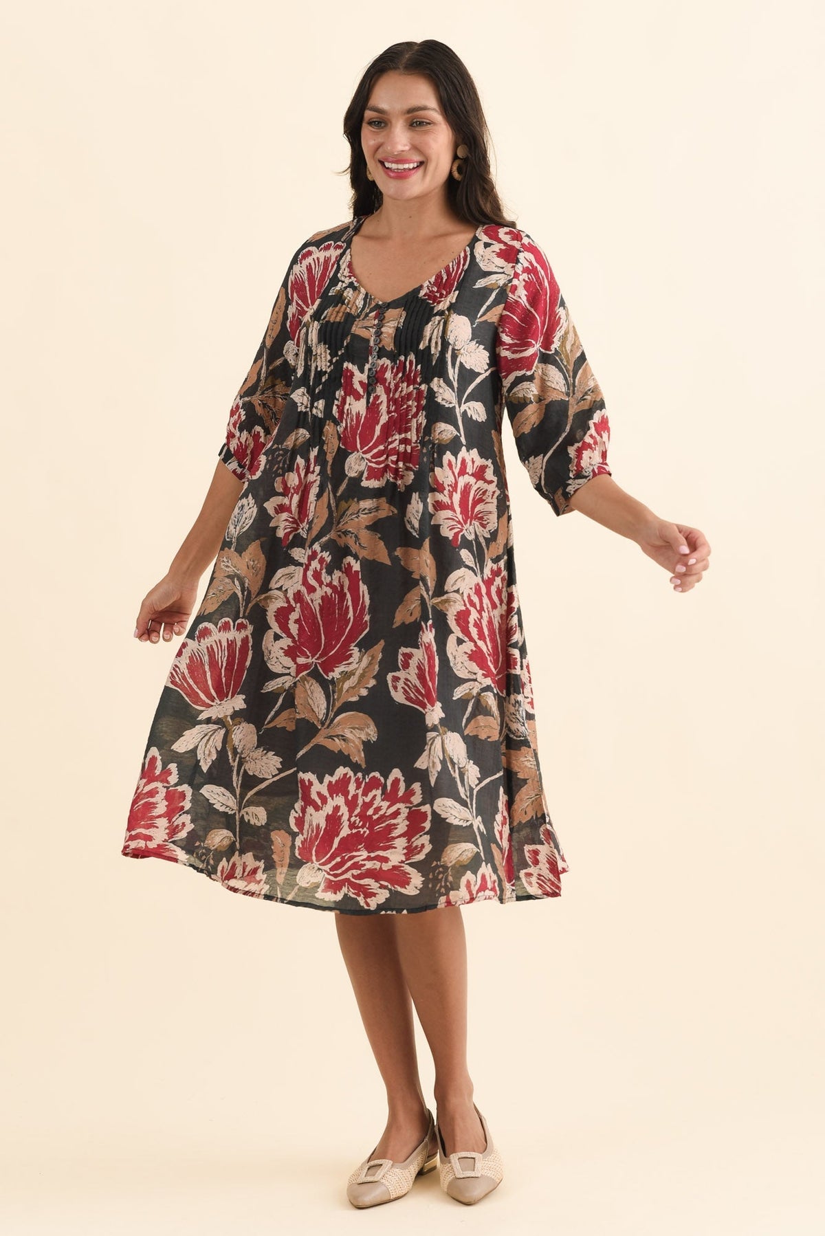 Arcadia Green Floral Button Dress Full Length View